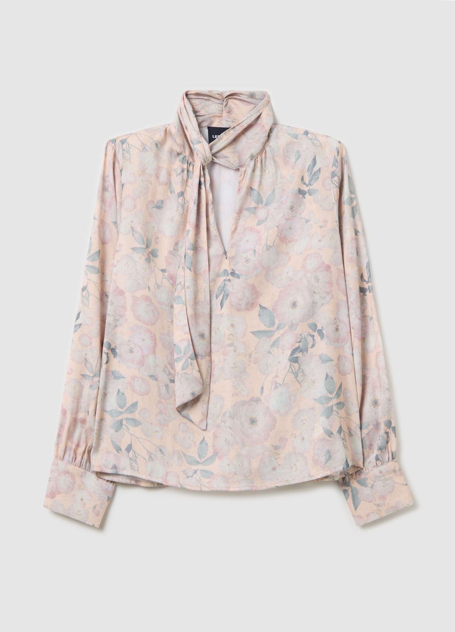 Beige blouse with floral pattern and bow