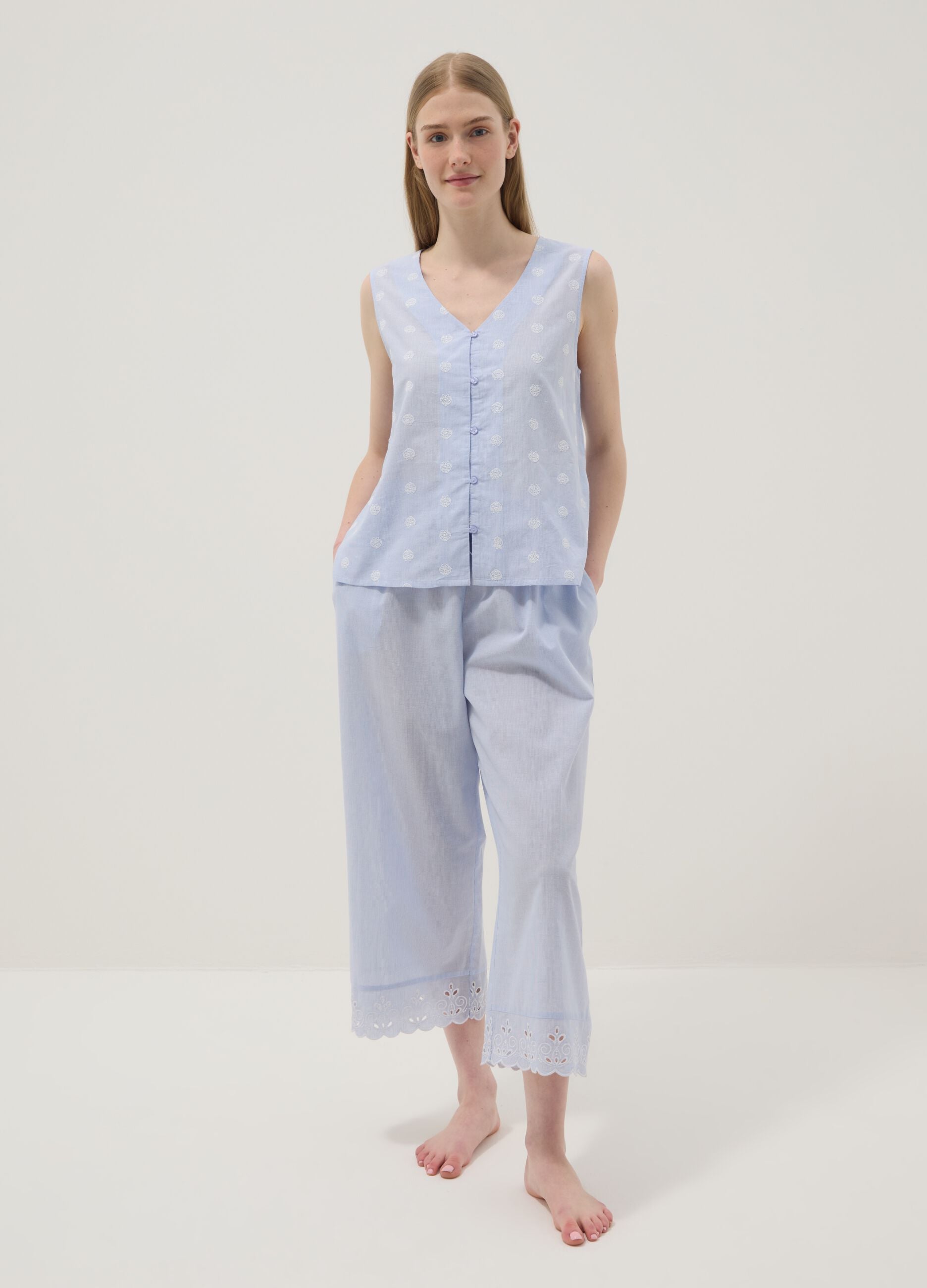 Light blue organic cotton pyjama trousers with broderie anglaise hem