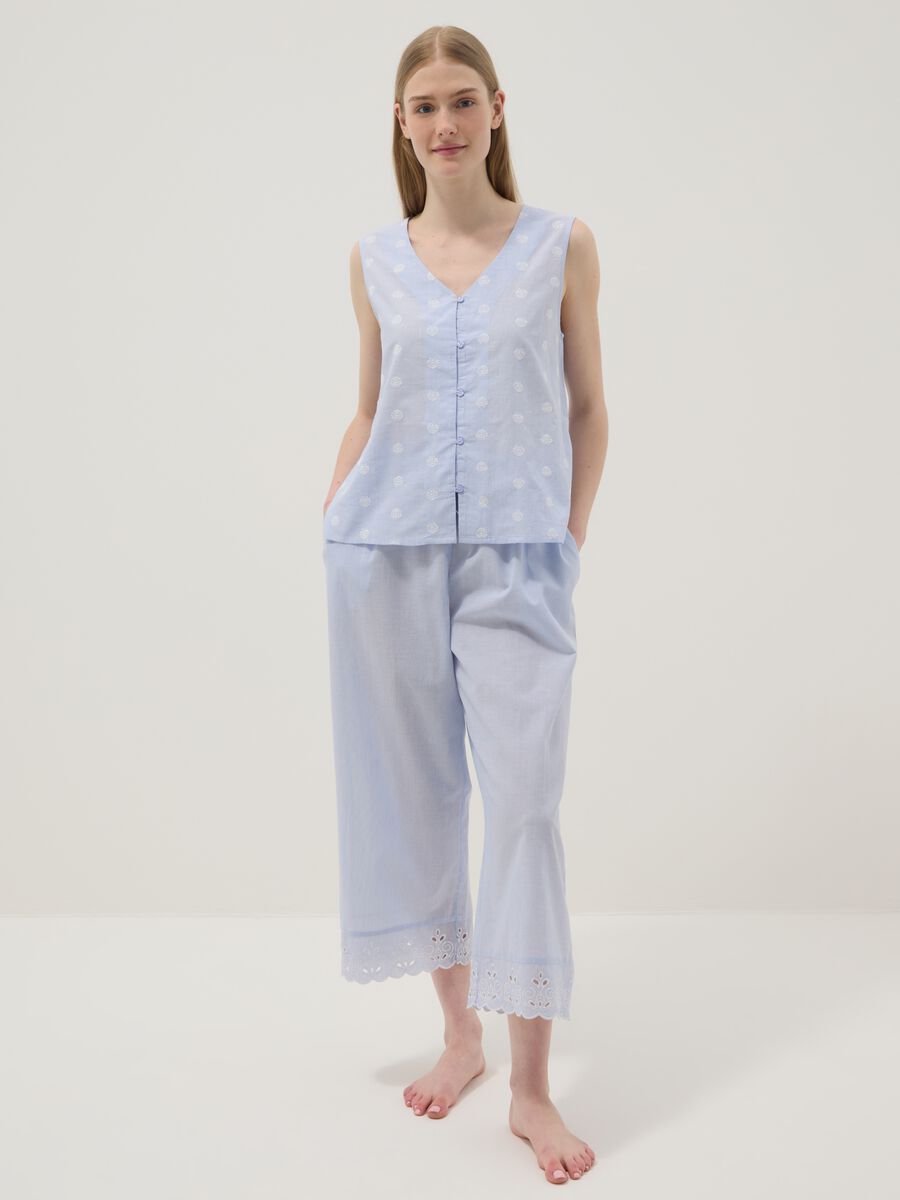 Pantaloni pigiama azzurri in puro cotone con fondo traforato regular fit_0