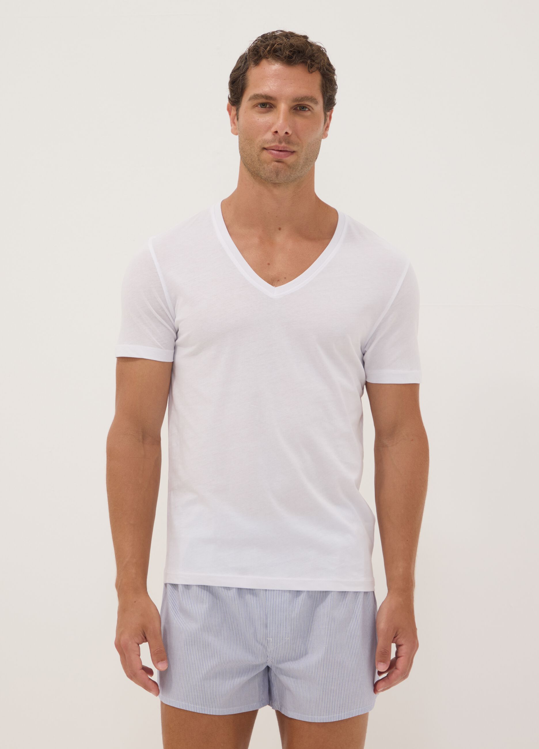 Bipack di t-shirt bianche in puro cotone extrafine con scollo a V profondo