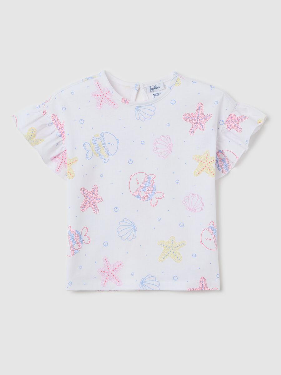 T-shirt bianca in cotone con stampa pesciolini_0