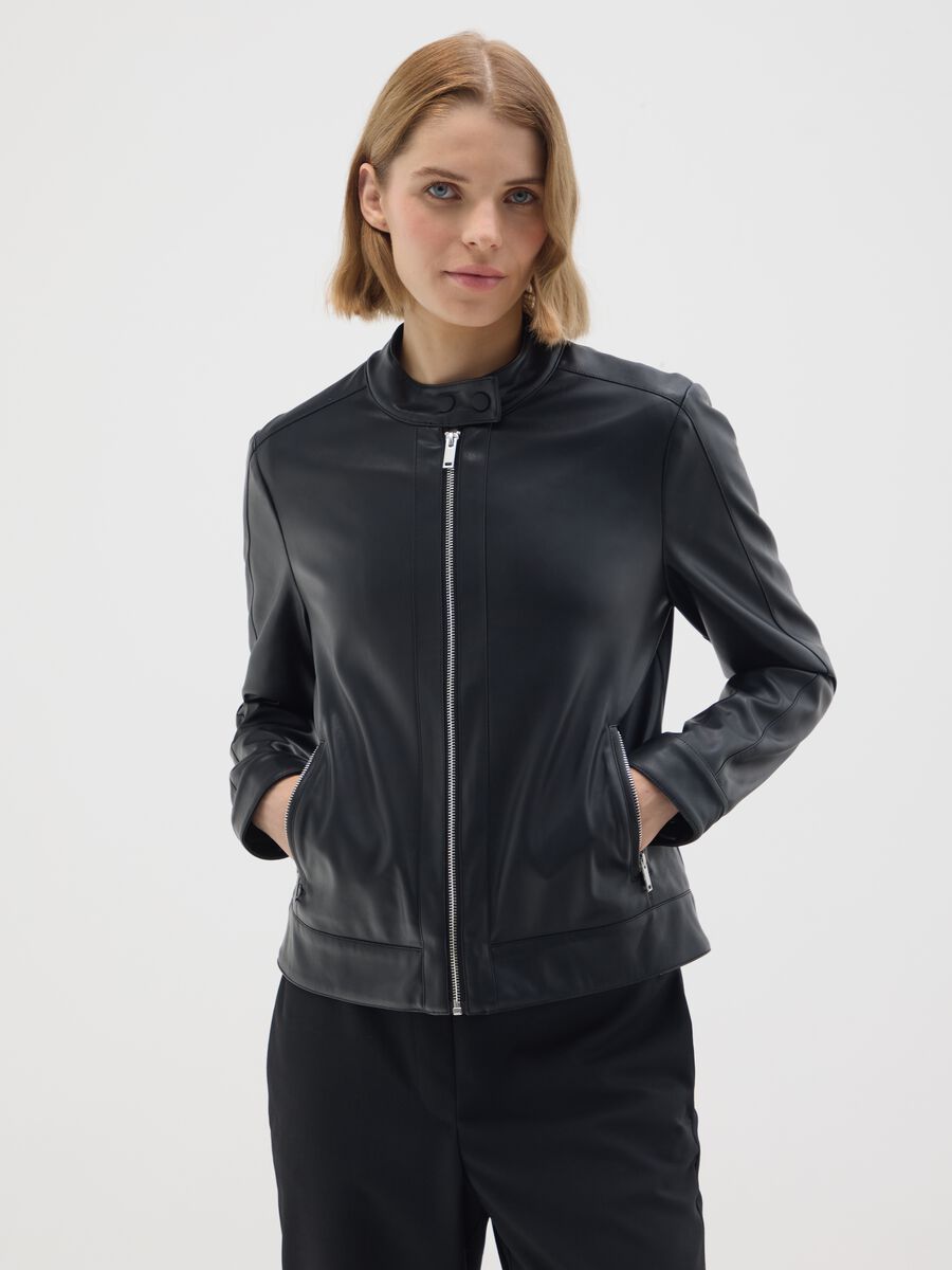 Black faux leather jacket regular fit_0