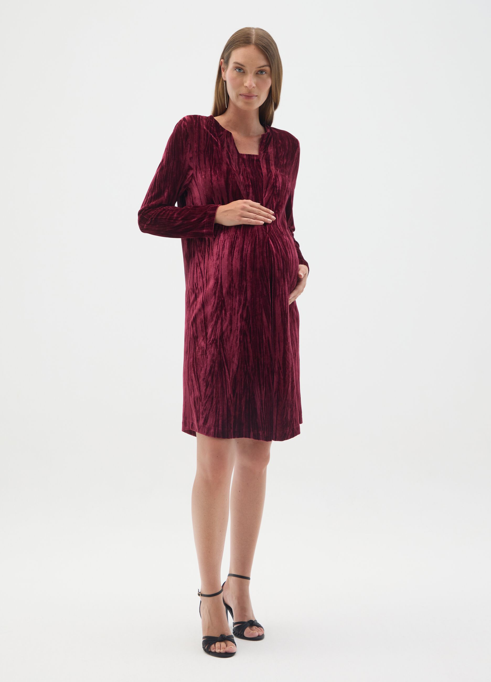 Burgundy Stretch Velvet Maternity Dress