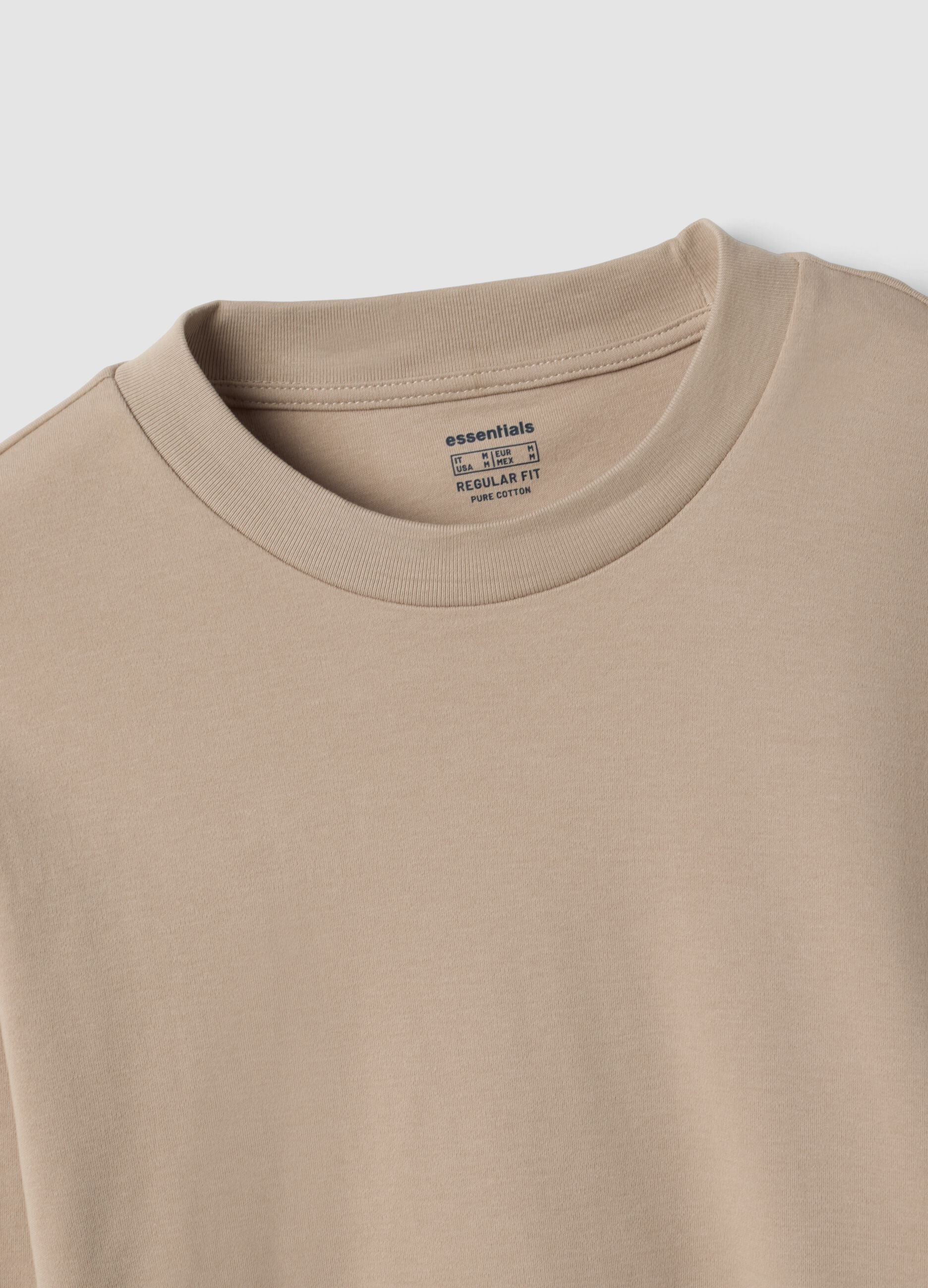 Beige pure cotton crew-neck T-shirt, regular fit