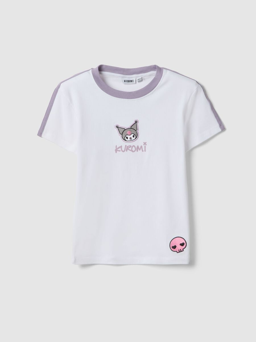 T-shirt in cotone elasticizzato bianco da ragazza slim fit con Kuromi_0