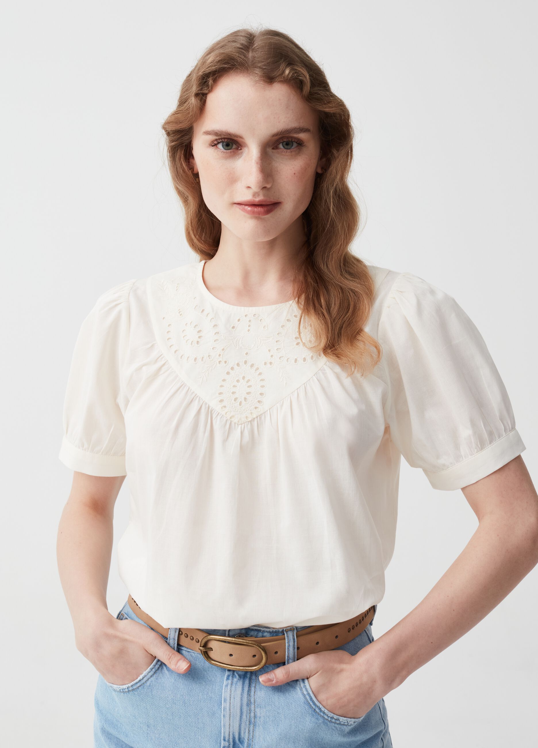 Cotton blouse with broderie anglaise insert