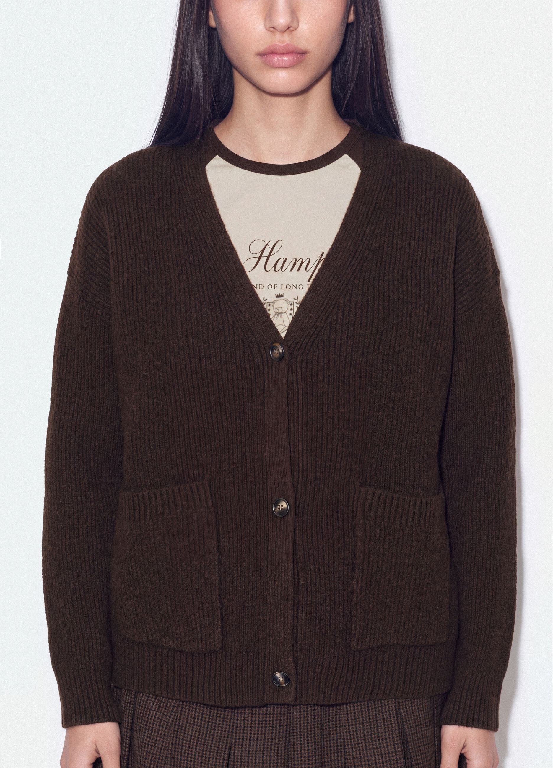 Brown stretch-fabric cardigan with deep V-neckline