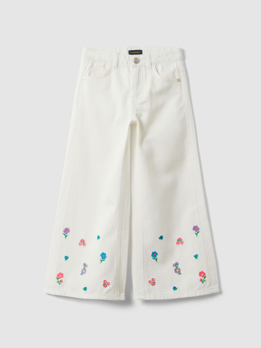 Pantaloni in puro cotone bianchi da bambina wide leg con fiori_3