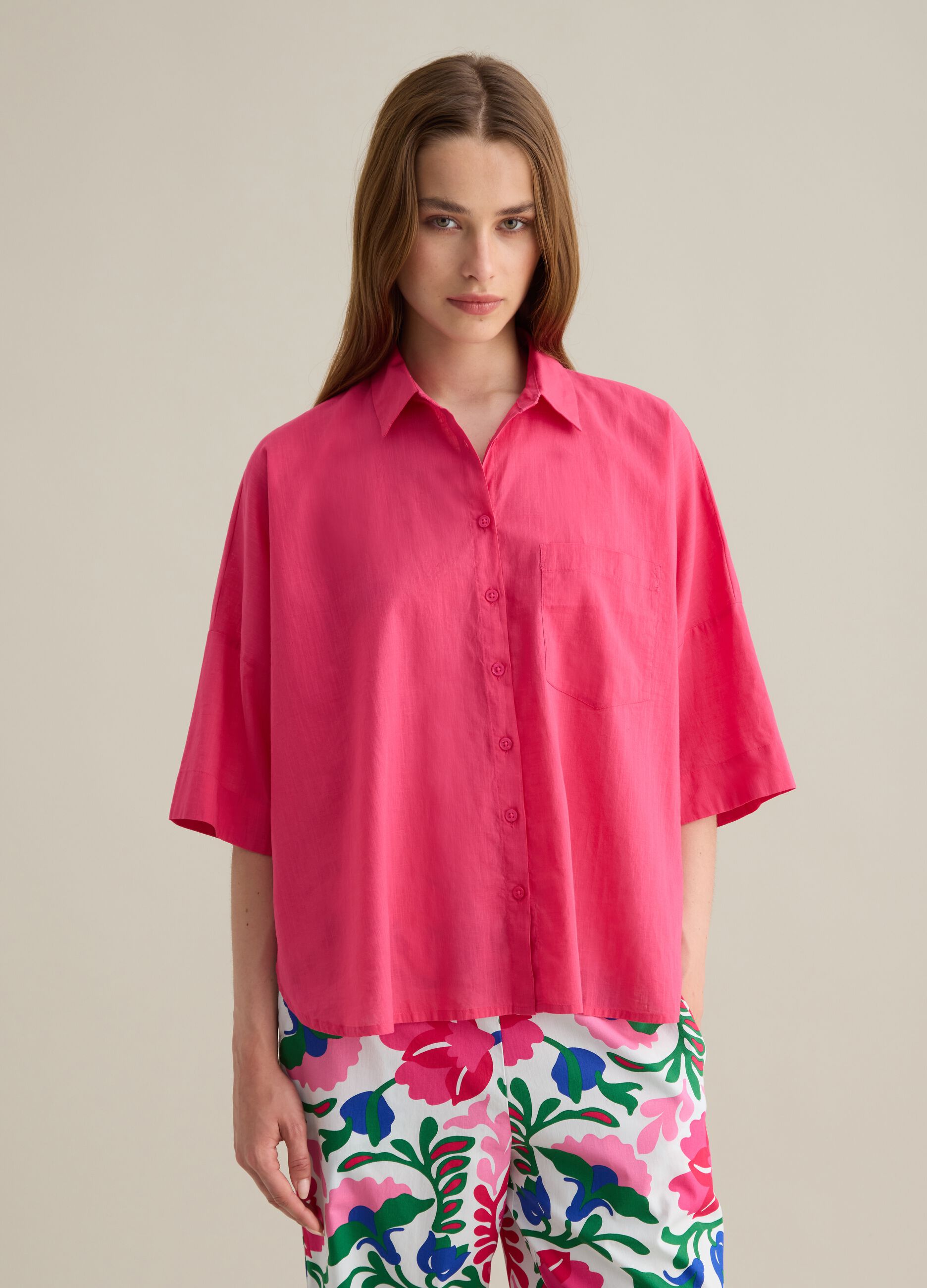 Camicia da donna in puro cotone rosa oversize