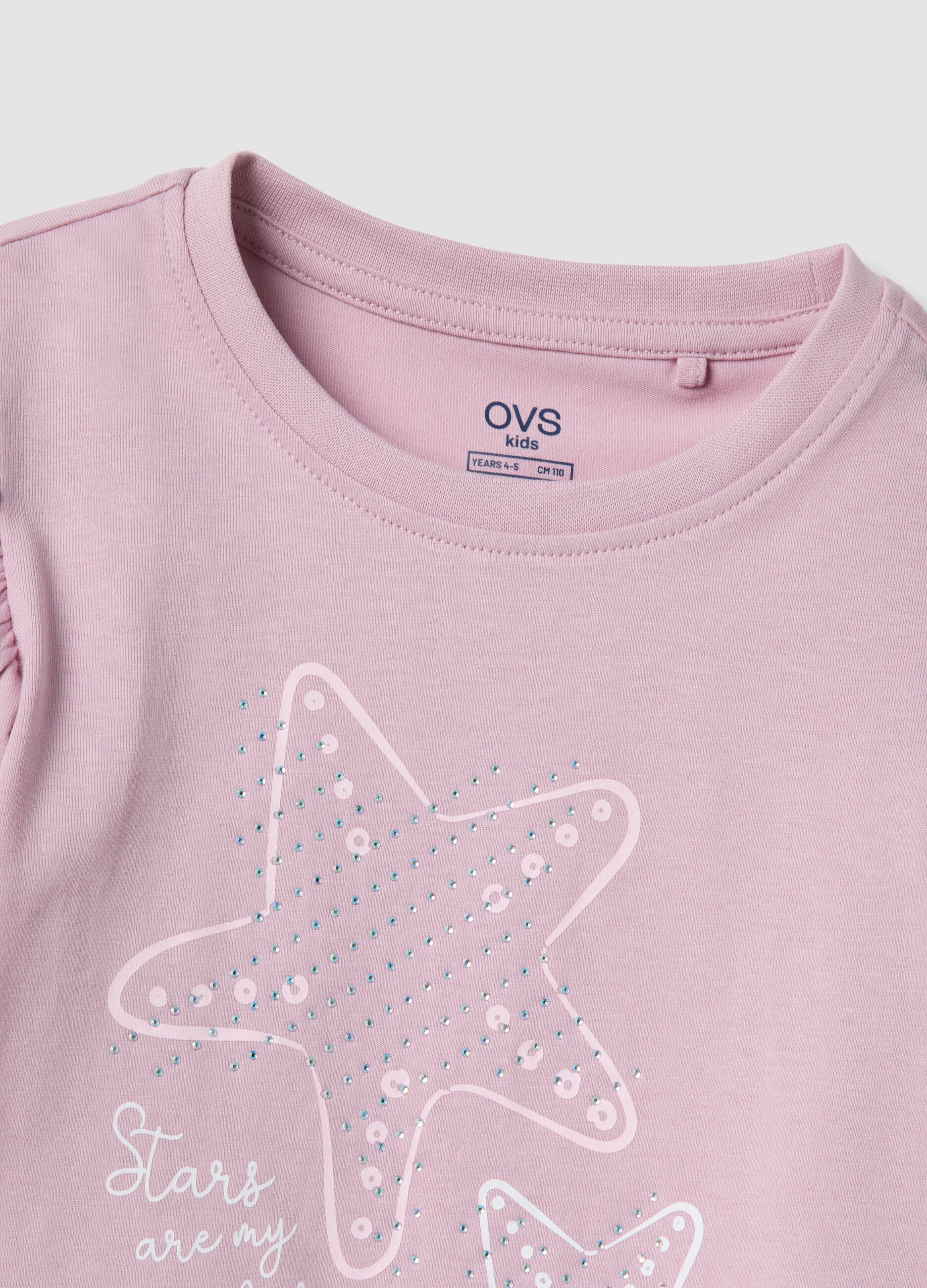 Girls&rsquo; pink pure cotton T-shirt with frill sleeves and rhinestones