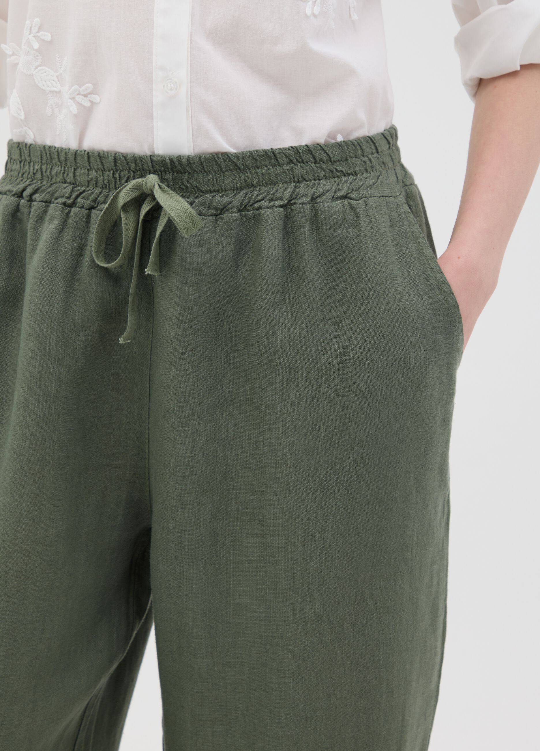 Women's green pure linen trousers regular fit
