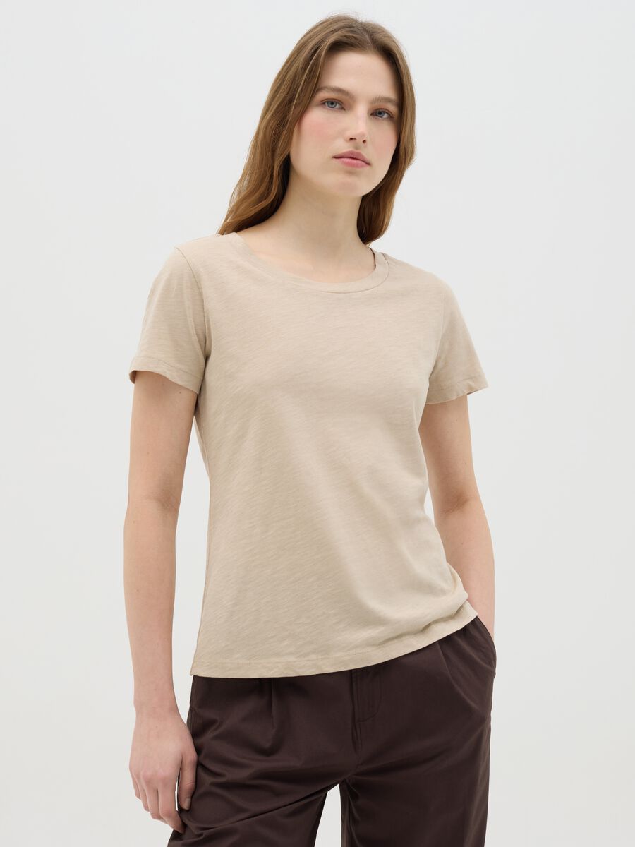 Beige Crew Neck Organic Cotton T-shirt_0