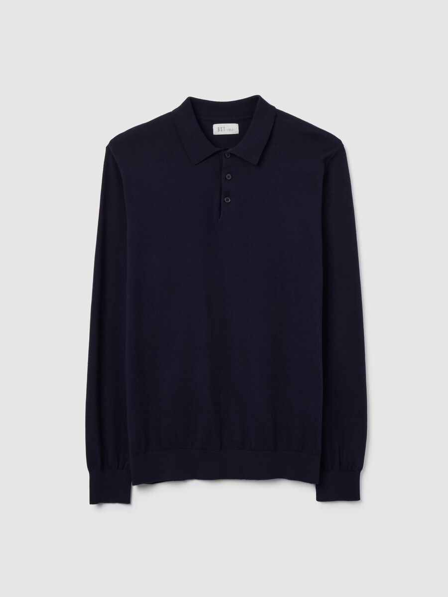 Polo a maniche lunghe in misto cotone e seta blu regular fit_0