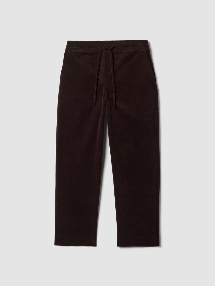 Pantaloni marroni in cotone elasticizzato a coste con vita elasticizzata_4