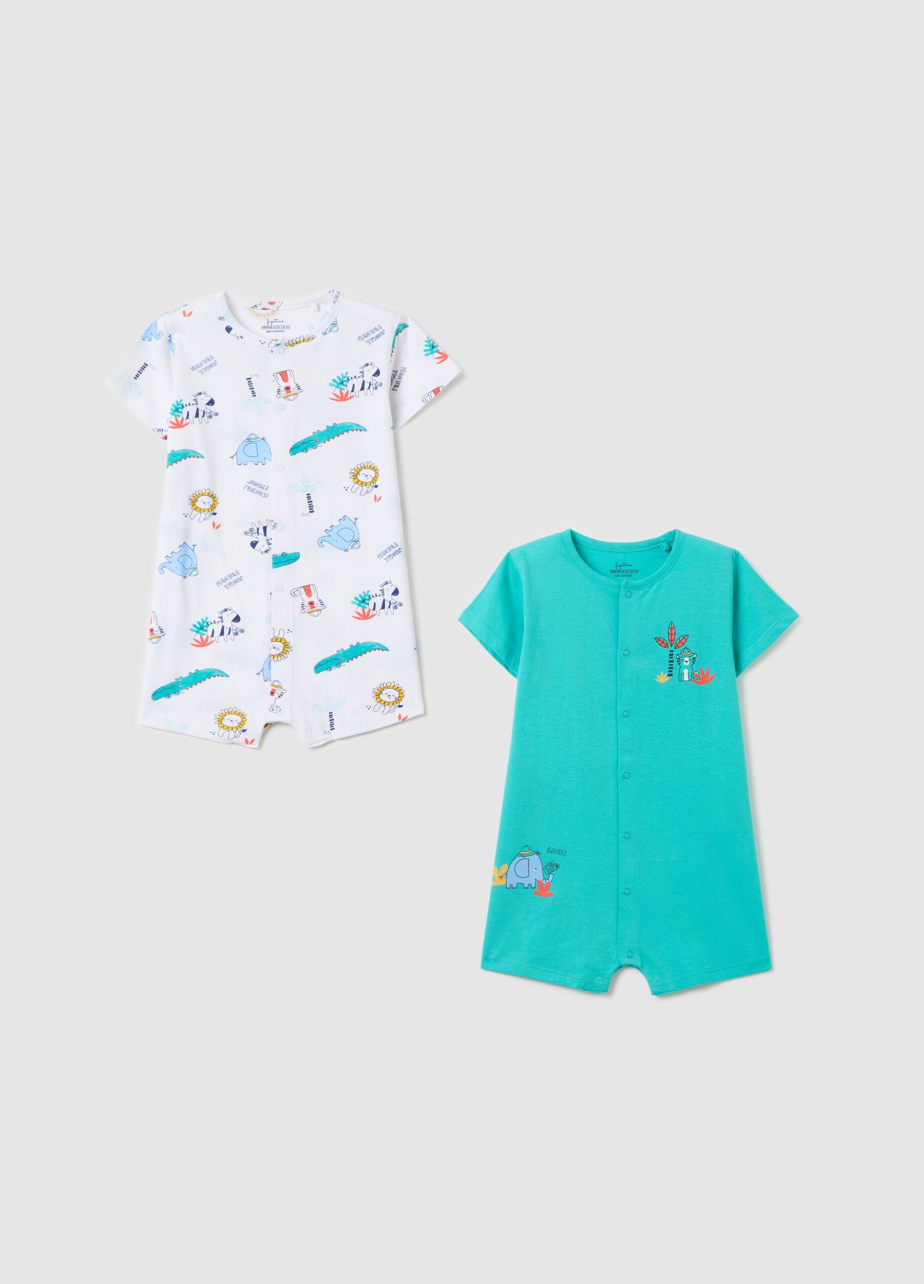 Two-pack white and light blue onesie in organic cotton with print