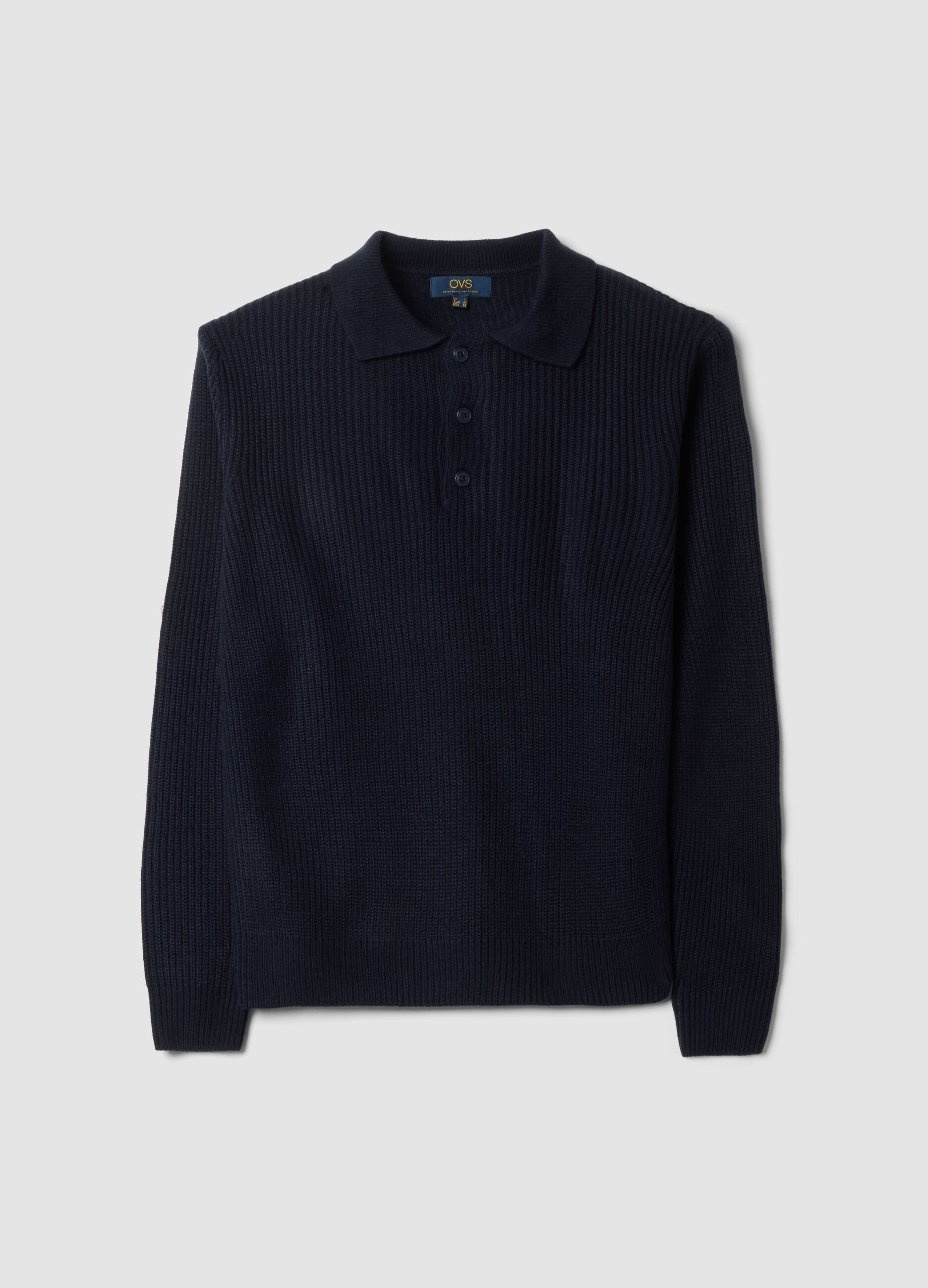 Blue rib-knit long-sleeve polo shirt