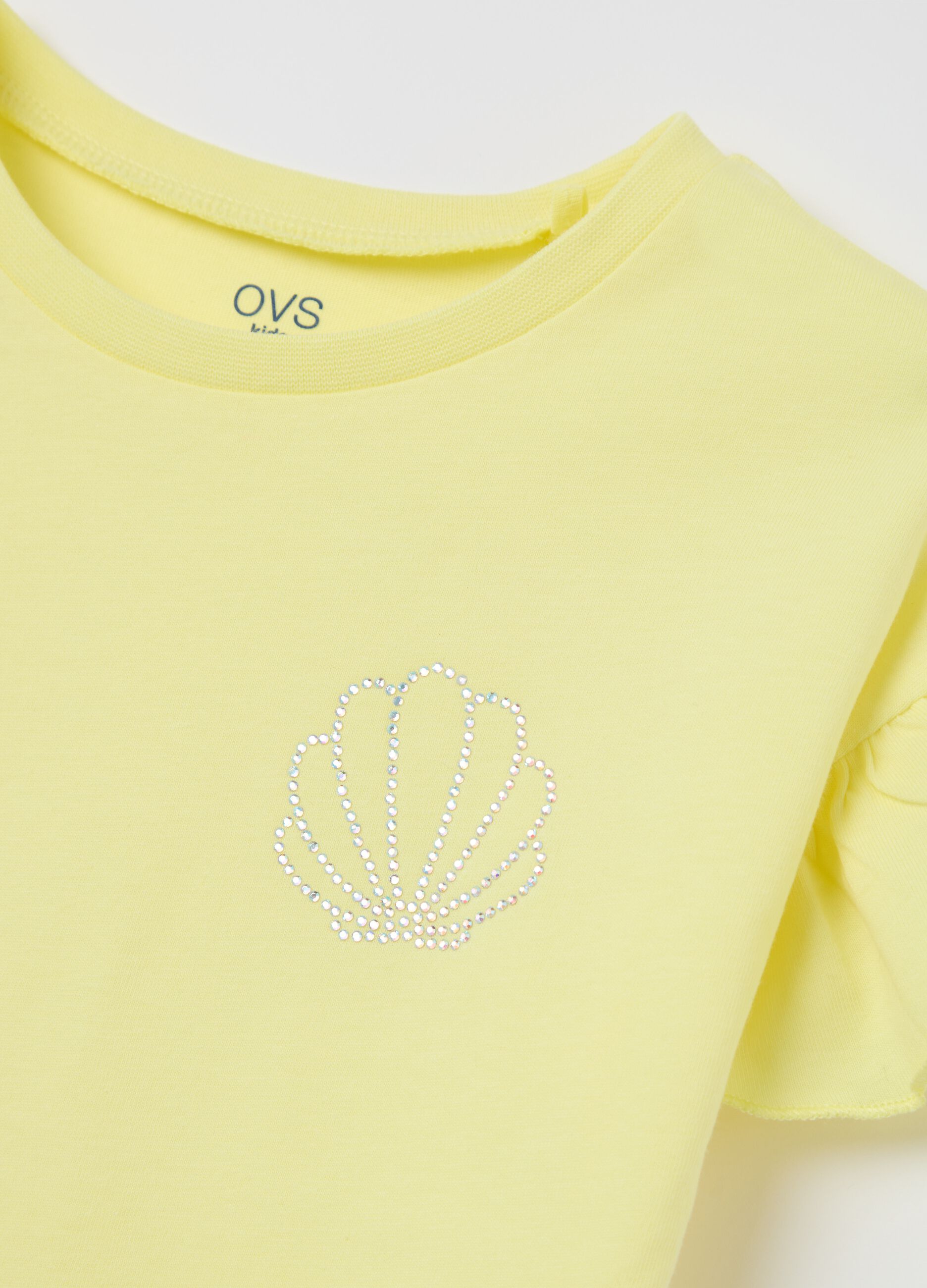 Yellow T-shirt in cotton with diamantés