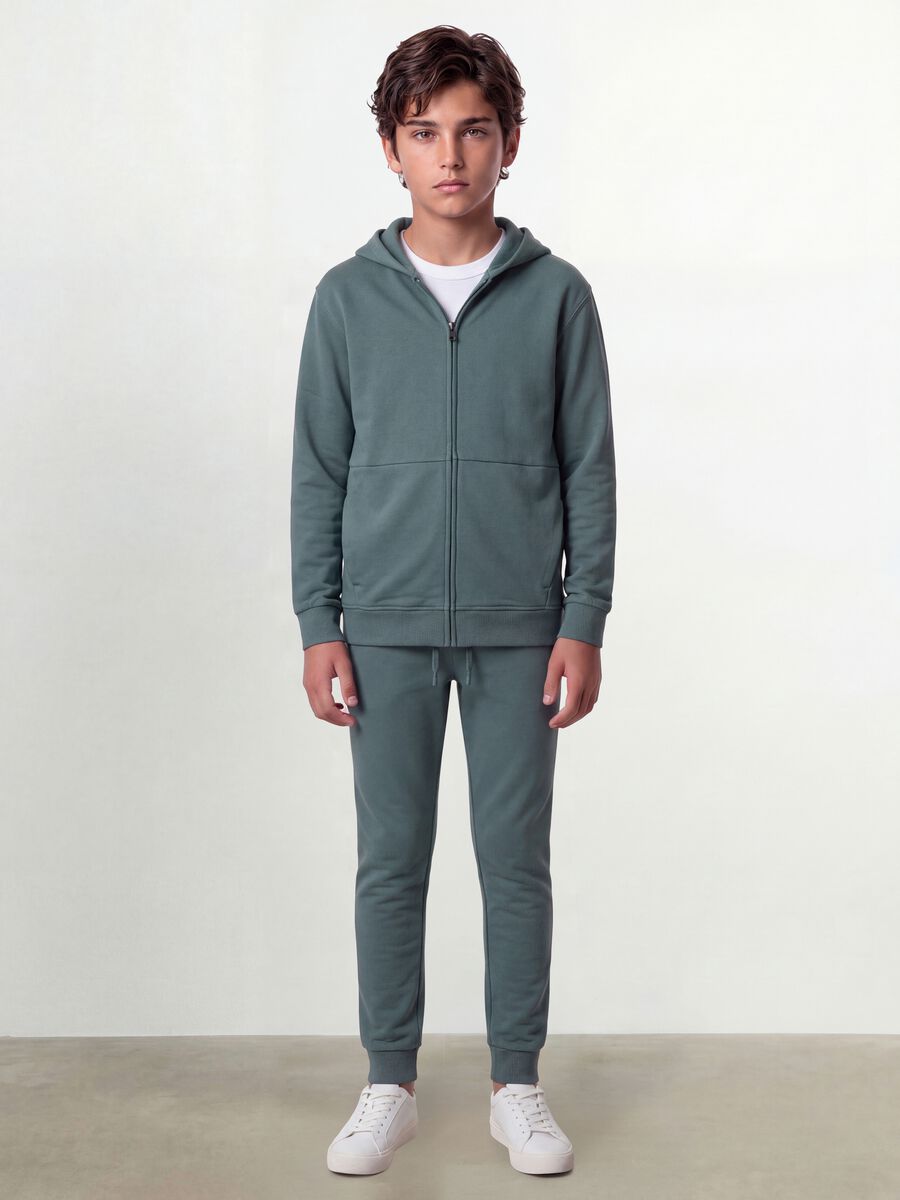 Felpa verde con cappuccio e zip in puro cotone organico per ragazzo relaxed fit_1
