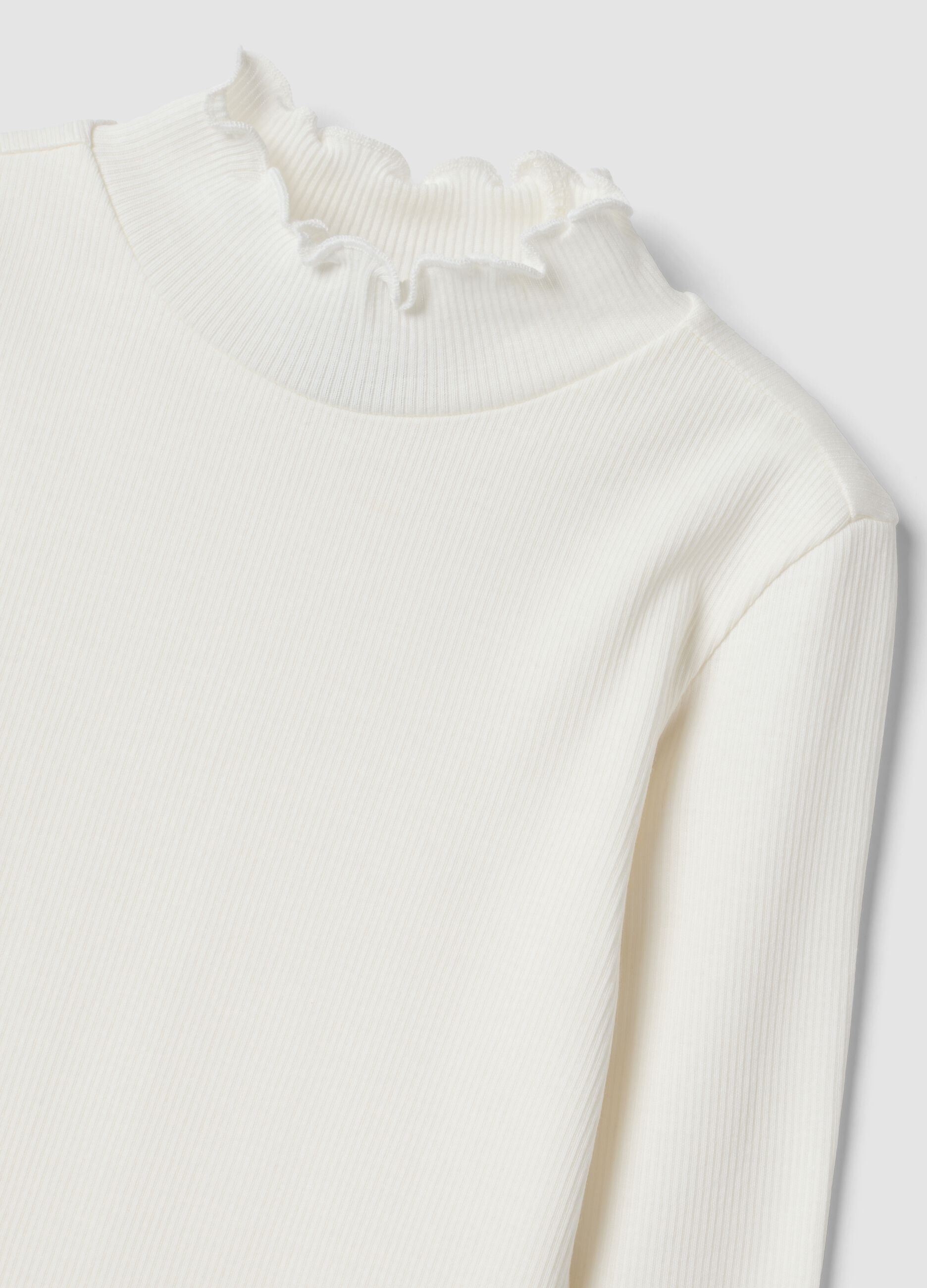 White long-sleeve organic stretch cotton T-shirt with mock neck