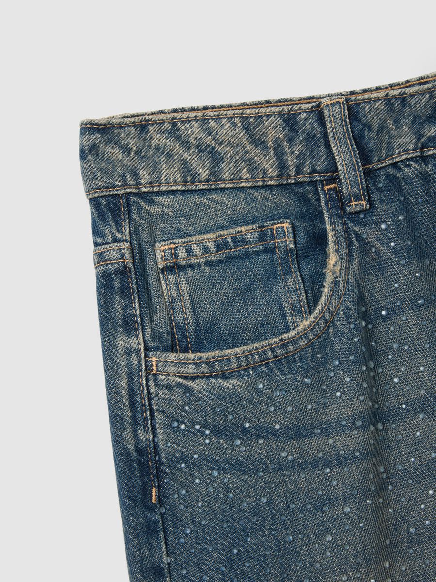 Jeans blu baggy in puro cotone con dettagli glitterati_5