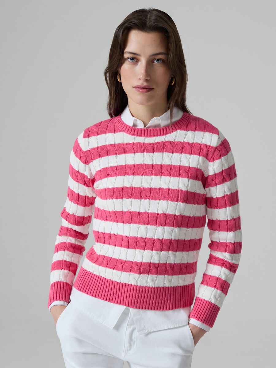Striped pullover with cable-knit design_0