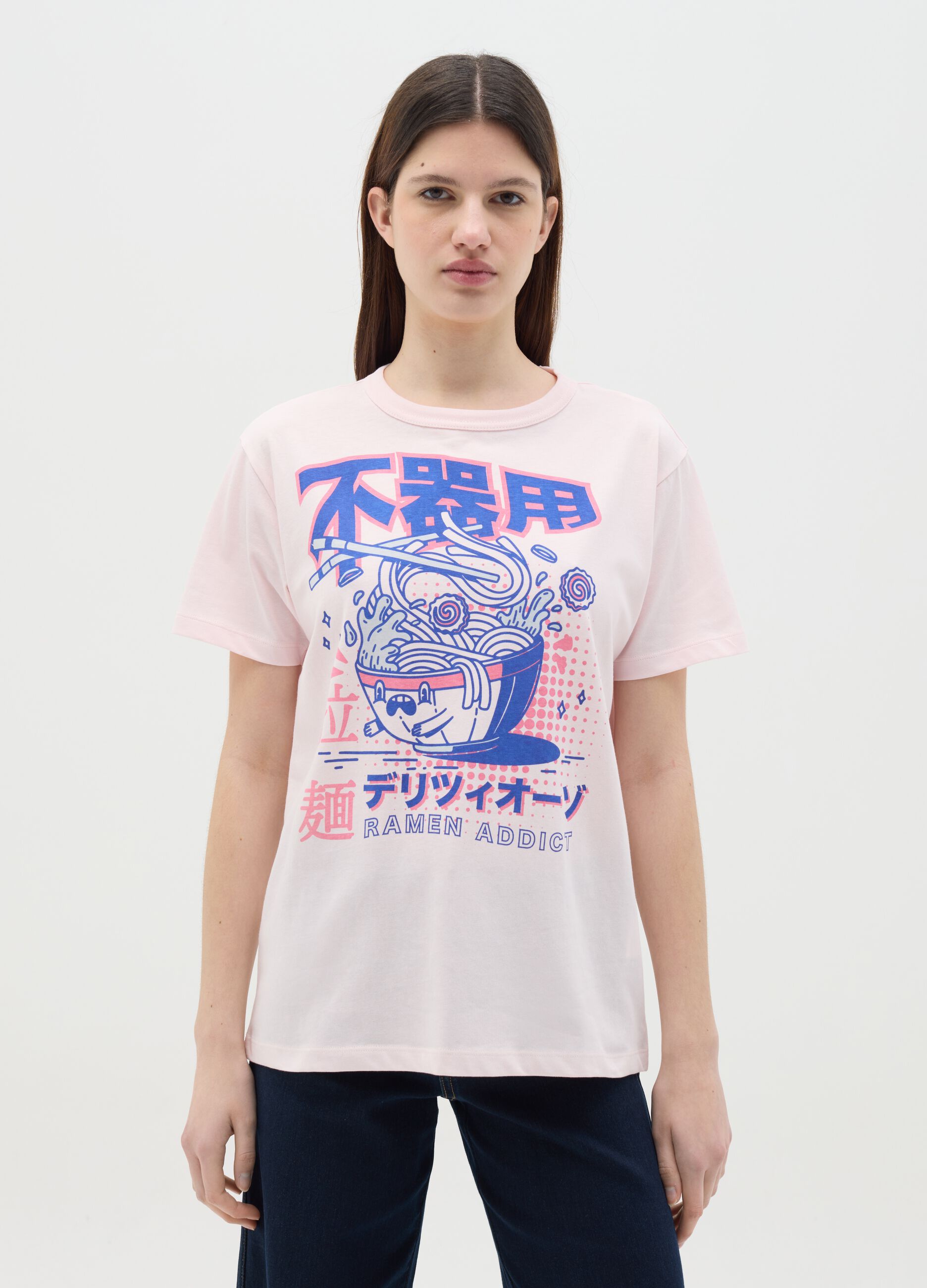 Pink cotton T-shirt with ramen print
