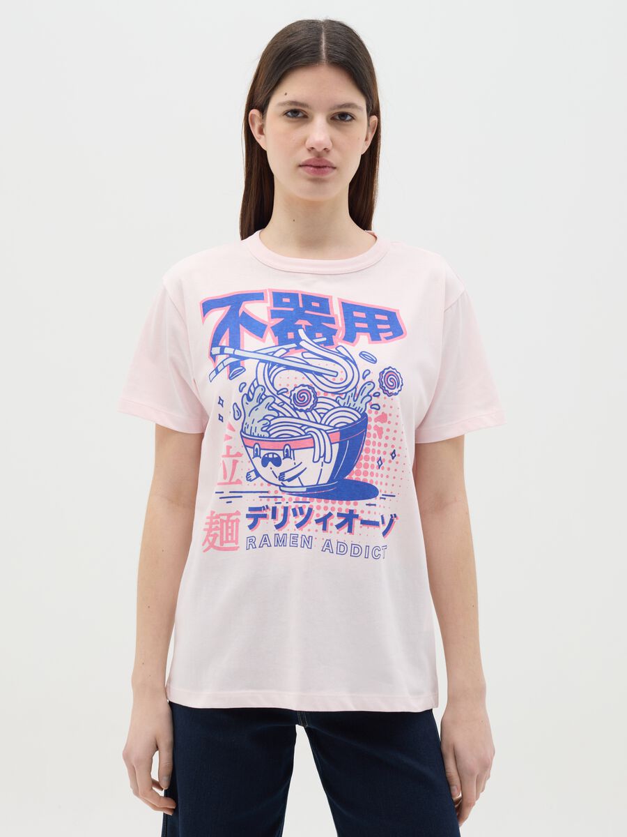 Pink cotton T-shirt with ramen print_0