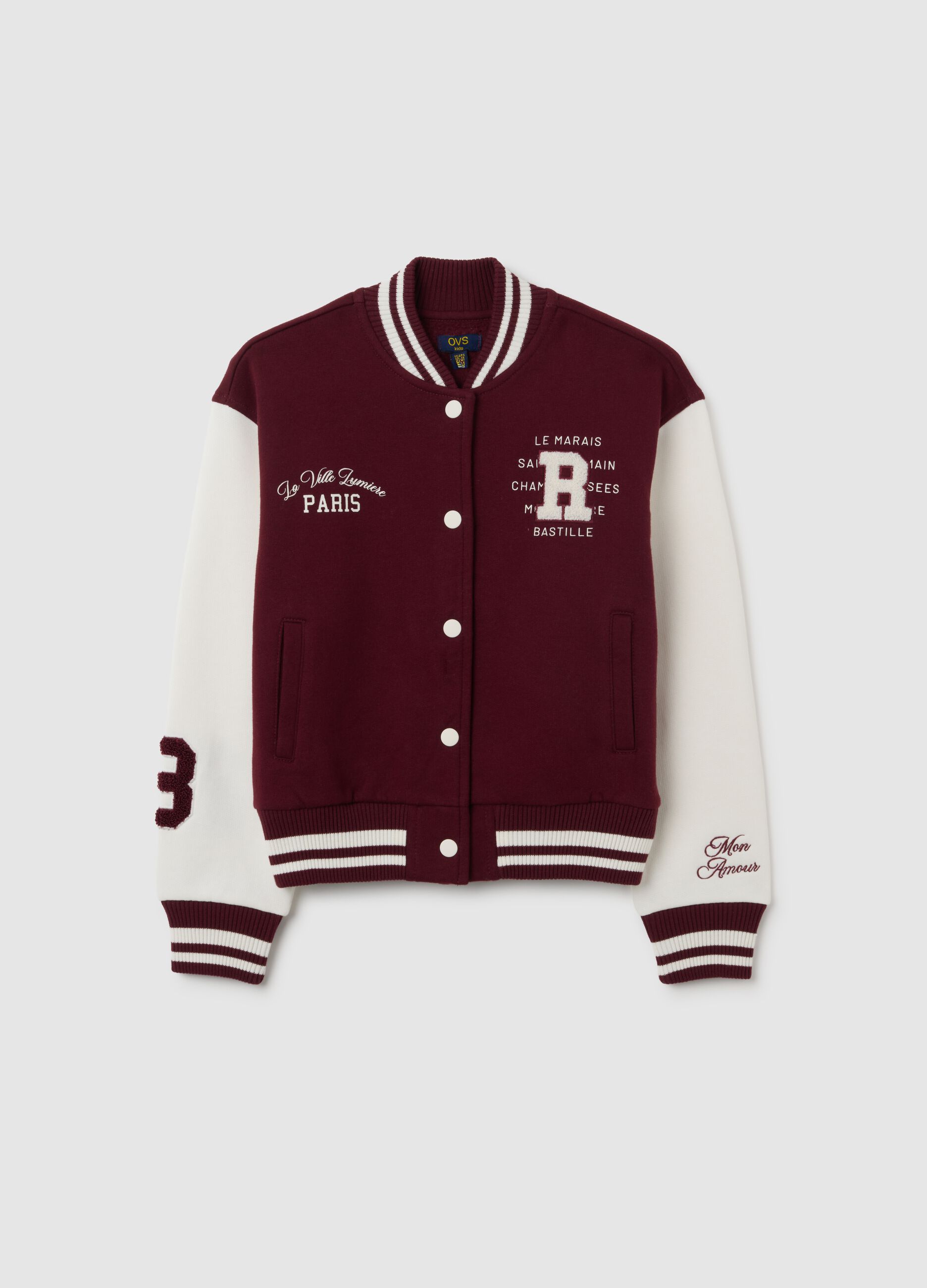 Bomber da ragazza in misto cotone bianco e rosso regular fit