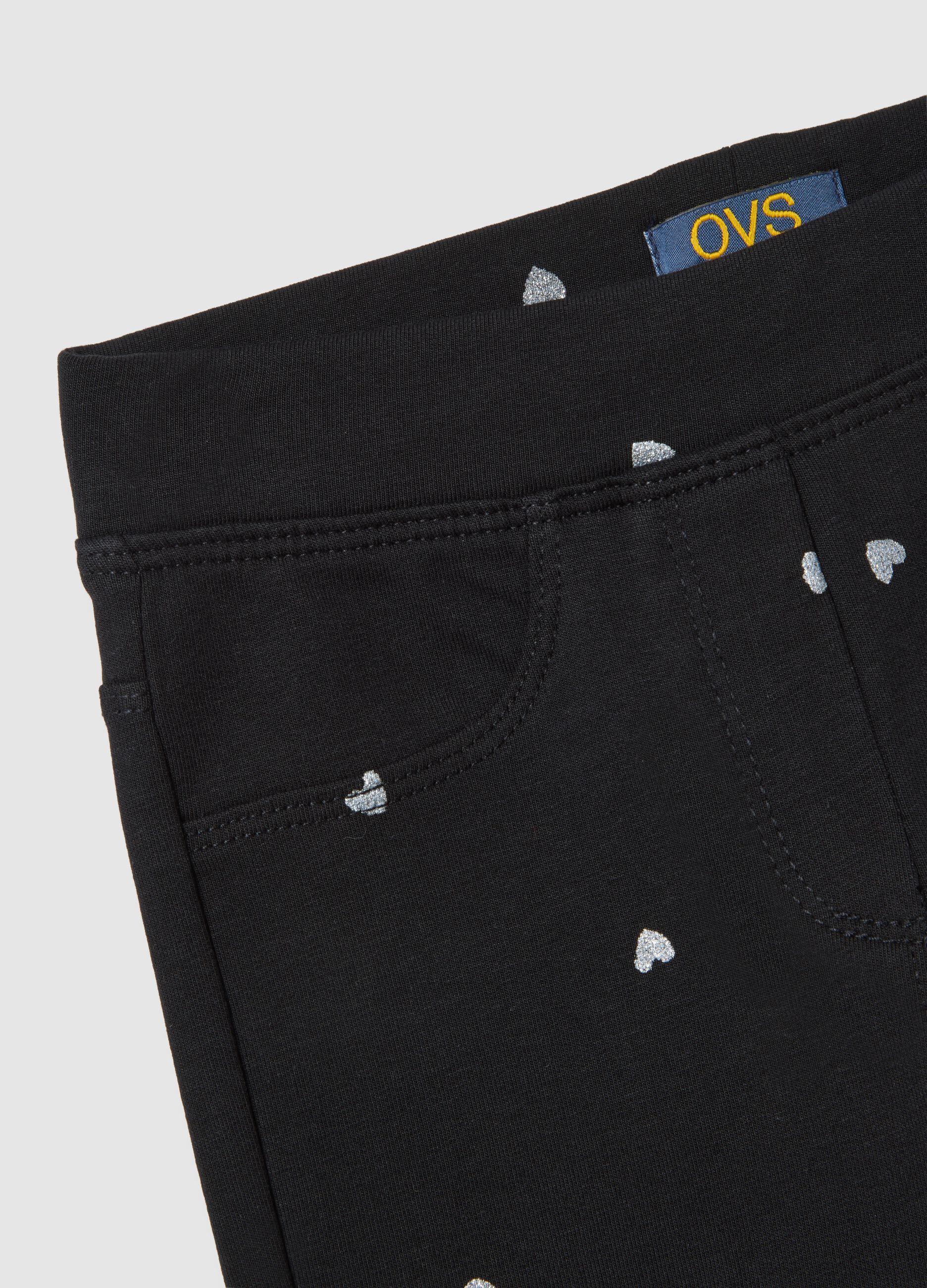 Girls' black cotton flare trousers with hearts