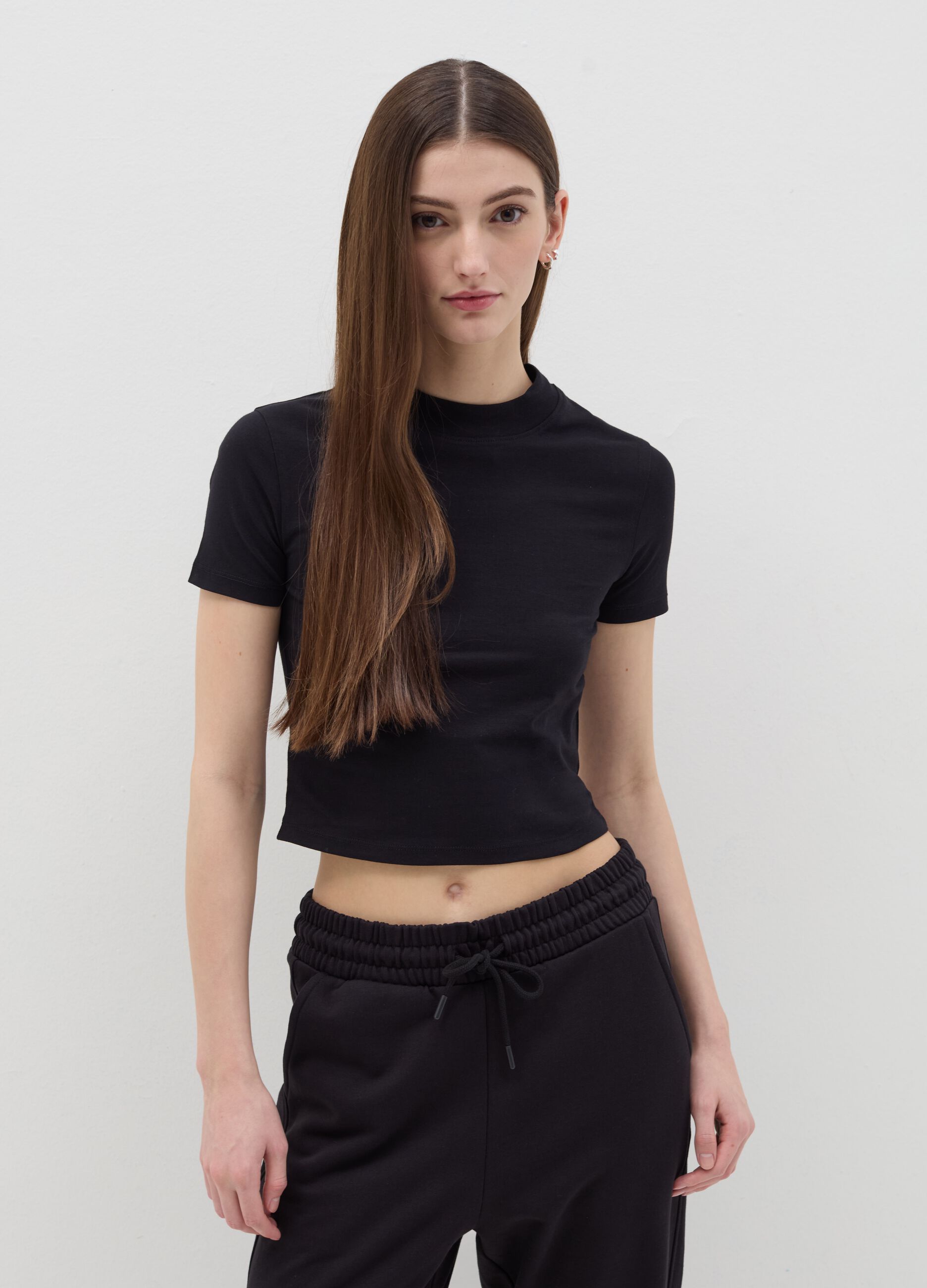 Stretch cotton T-shirt with mock neck