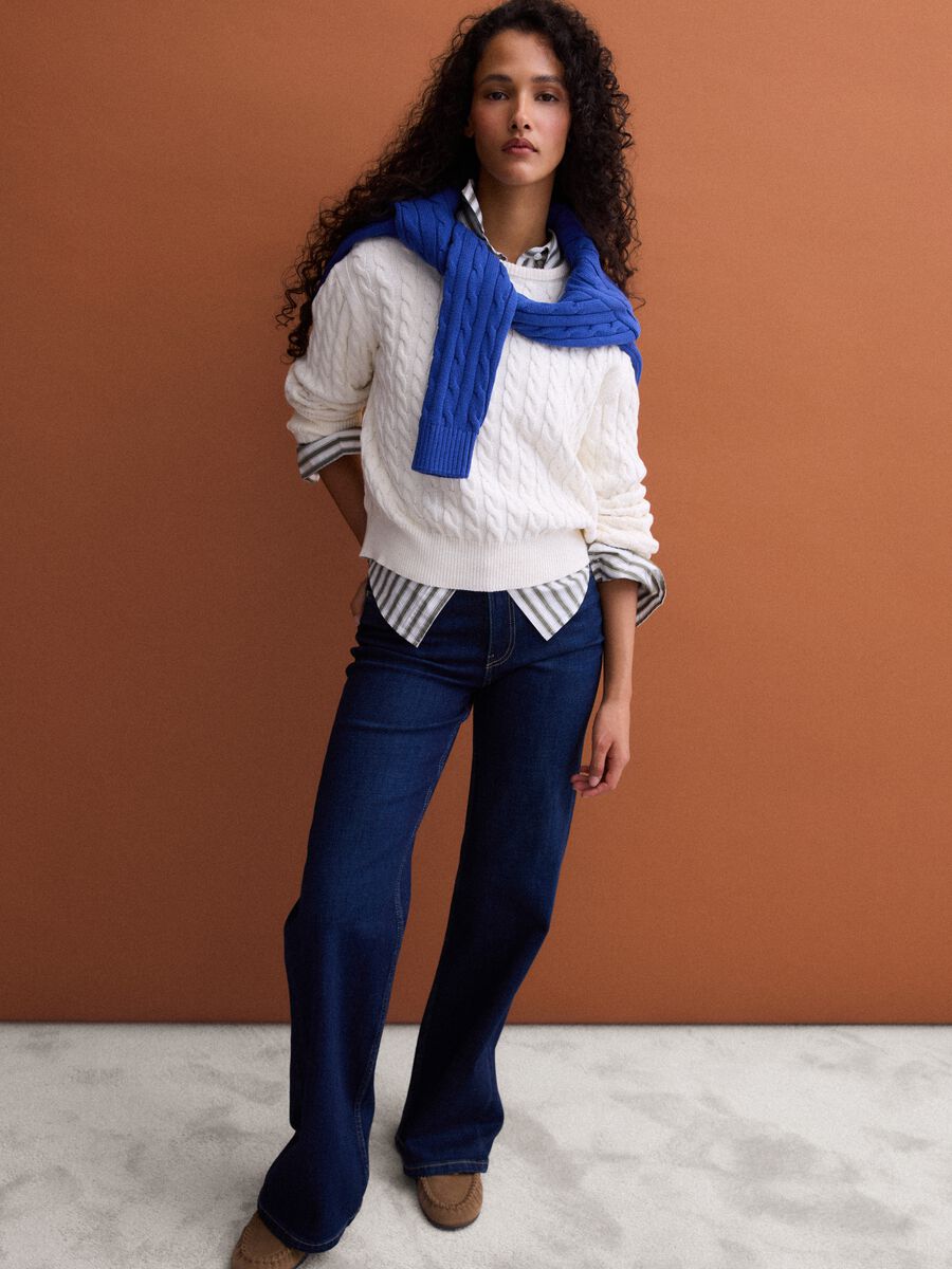 White crew-neck pure cotton cable-knit jumper, regular fit_1