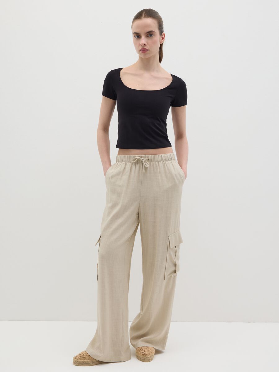 Women's beige trousers in viscose and linen blend with wide leg_0