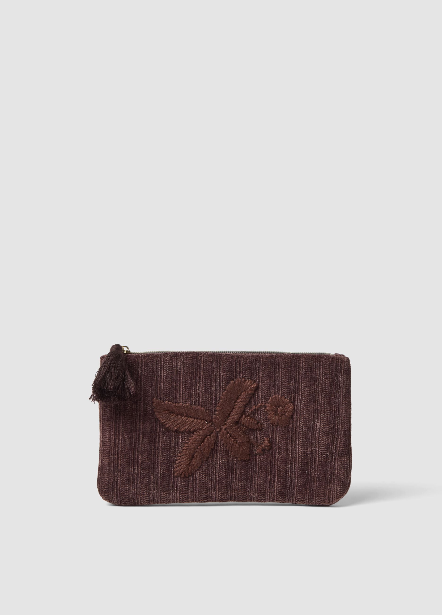 Brown pouch with floral embroidery and tassel