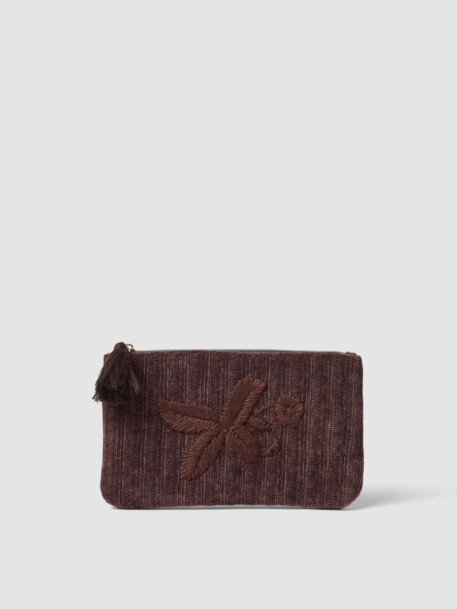 Pochette marrone con ricamo floreale e nappina_0