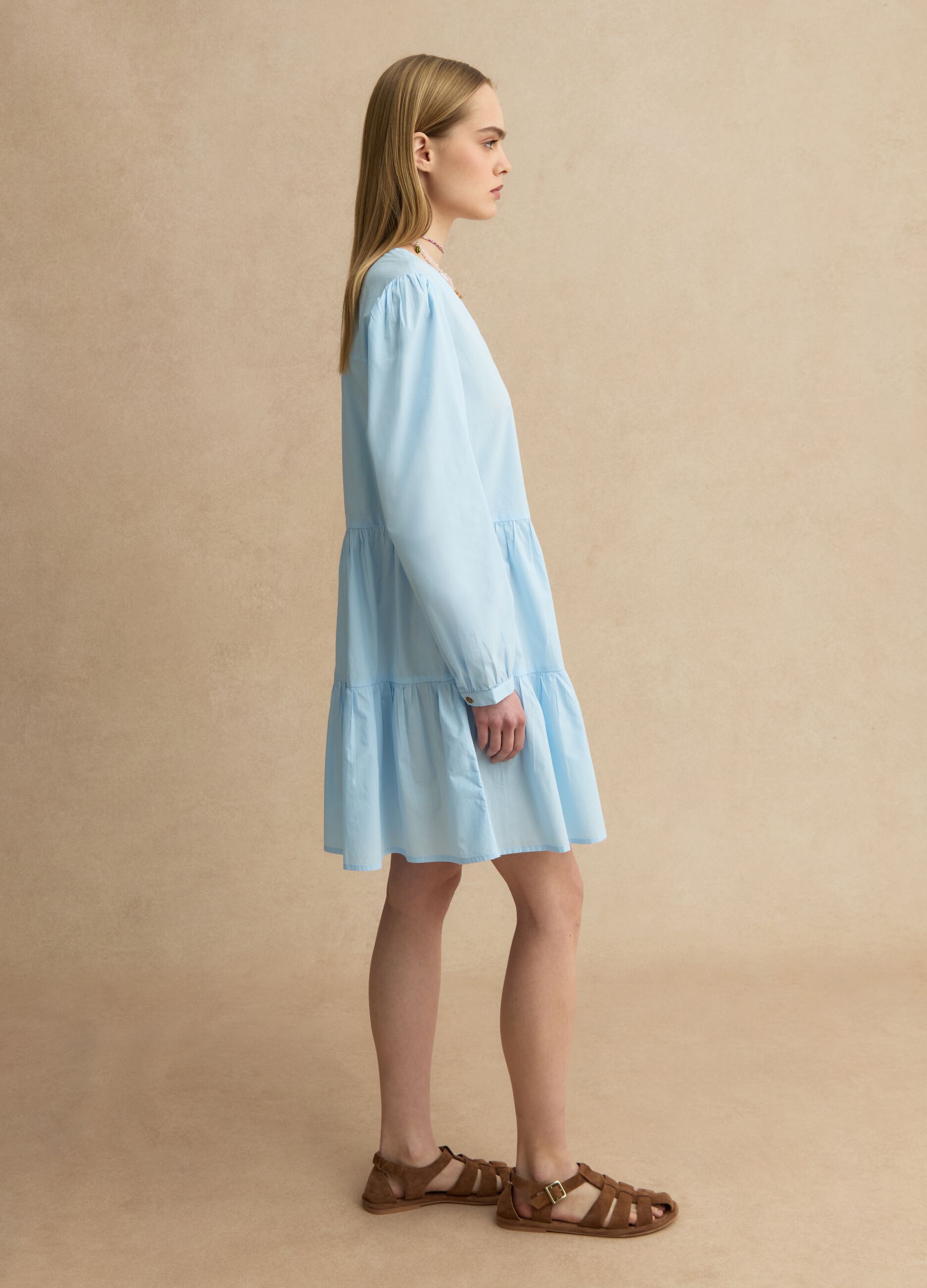 Deep V Blue Cotton Dress Regular Fit