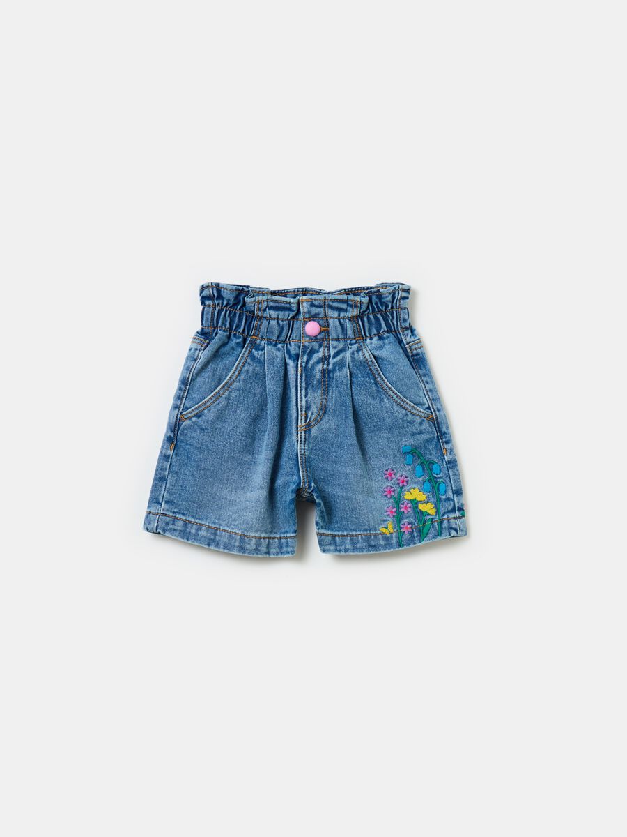 Paper bag shorts in denim with embroidery_0
