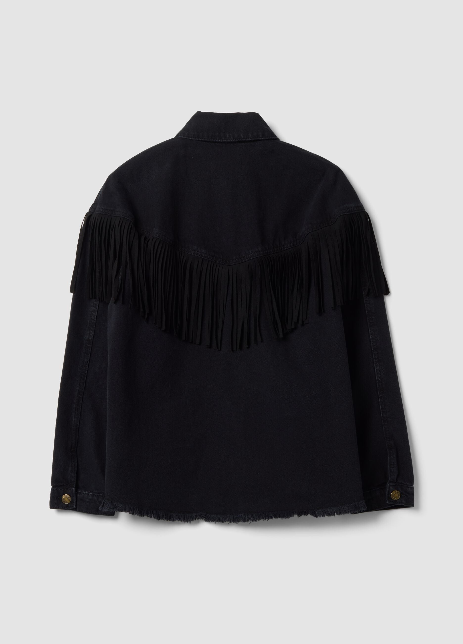 Giacca nera in denim di puro cotone con frange