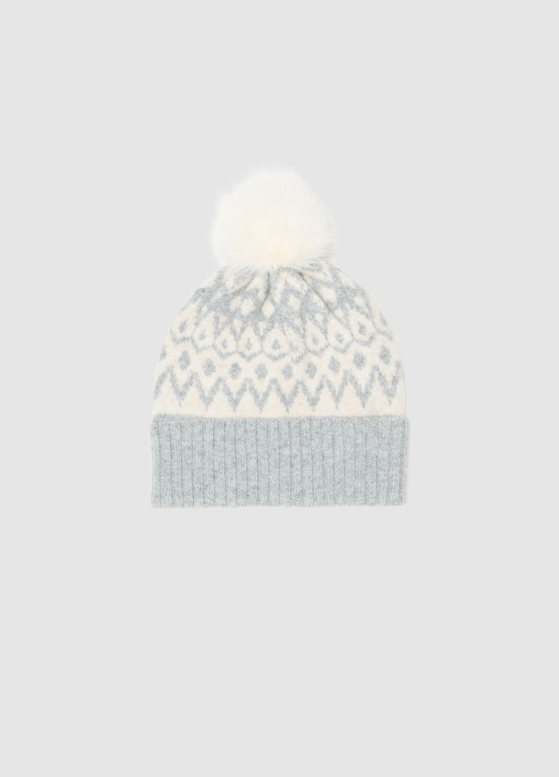 Multicolour regular fit beanie with pompom and geometric pattern