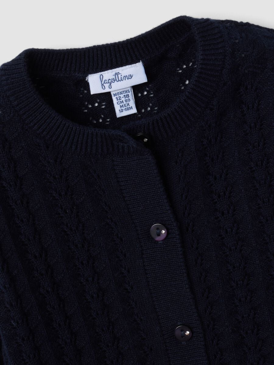 Blue pure cotton openwork knit cardigan for baby girls_2
