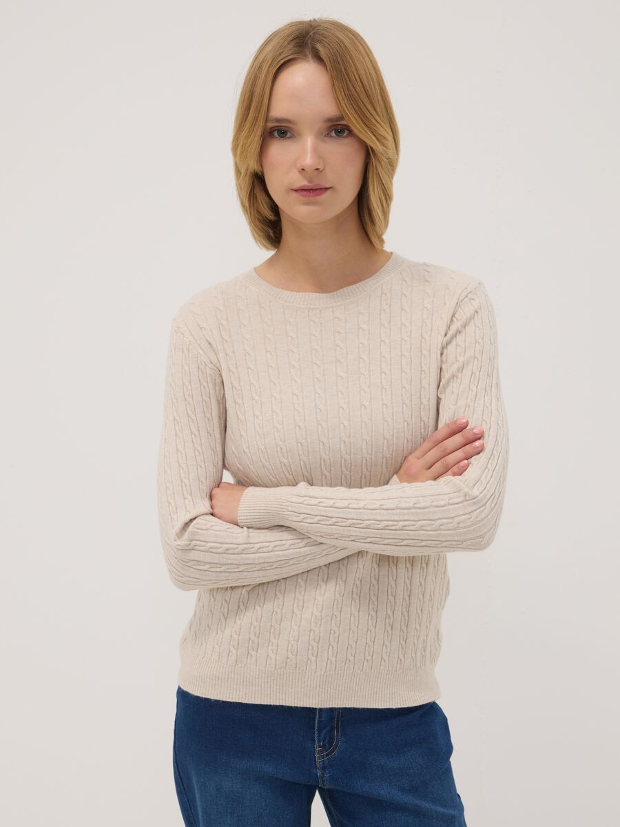 Beige cable-knit viscose-blend jumper, regular fit_0