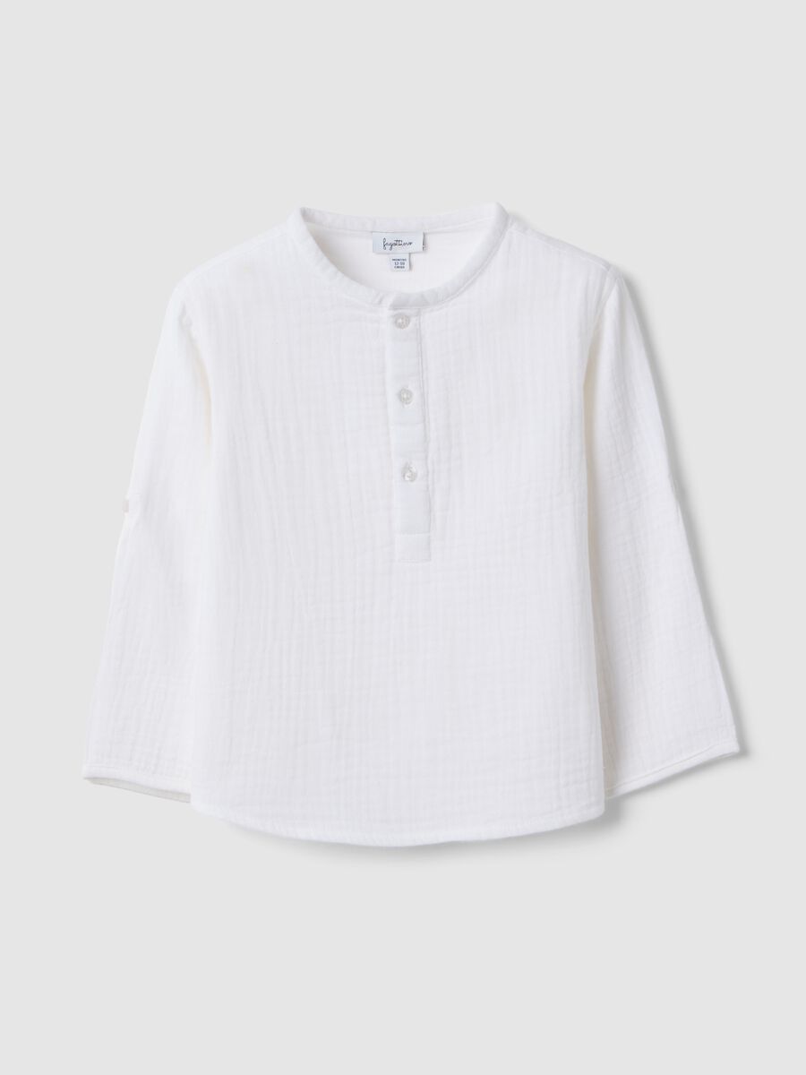 Camicia in puro cotone bianca da bimbo regular fit con collo coreano_0