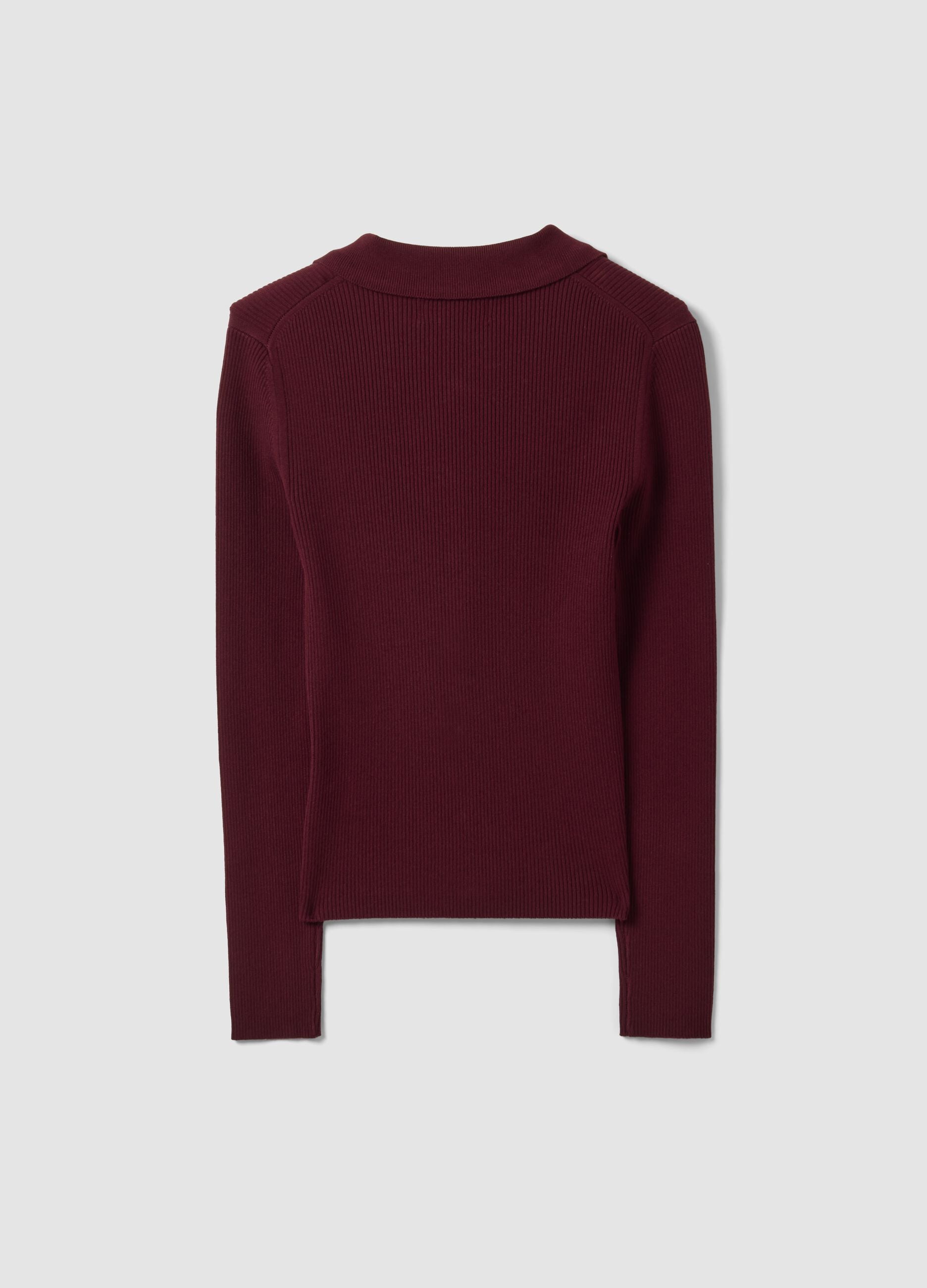 Cardigan fitted rosso a coste in misto viscosa con colletto polo