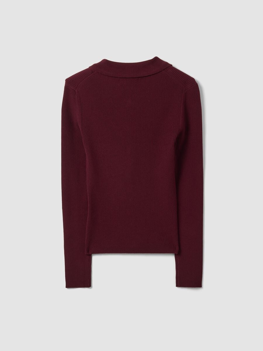 Cardigan fitted rosso a coste in misto viscosa con colletto polo_5