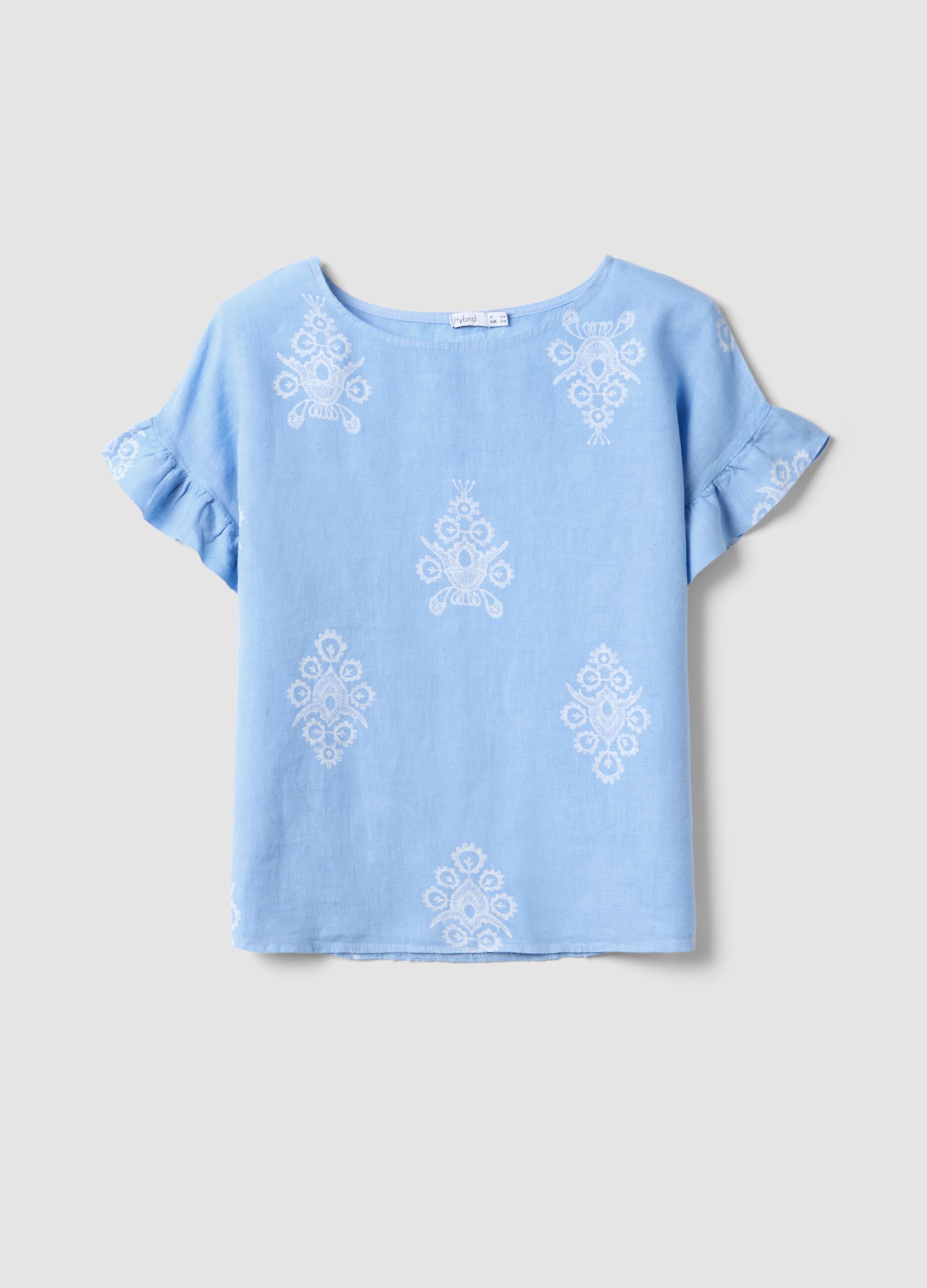 Light blue pure linen blouse with embroidery and ruffled sleeves, regular fit