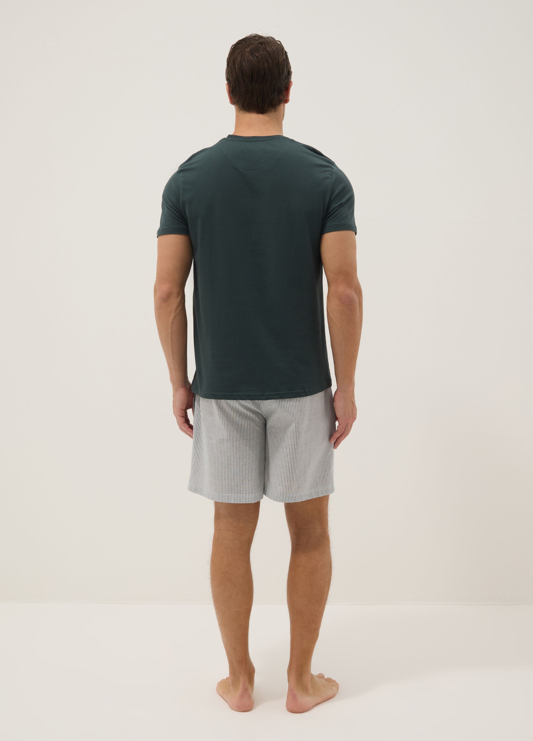 Green short-sleeve striped pyjama set in pure organic cotton jersey