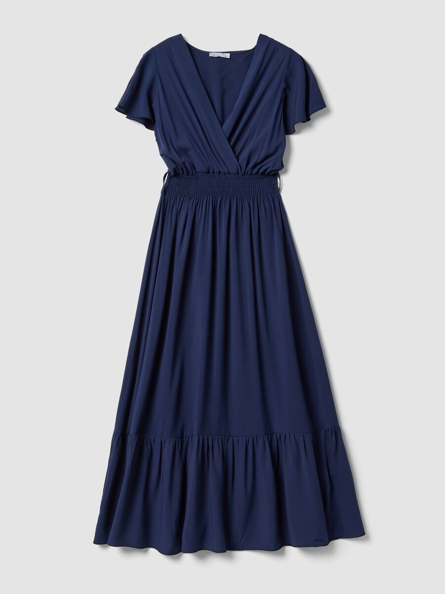 Long blue pure-viscose dress with wrap V-neck, regular fit_0