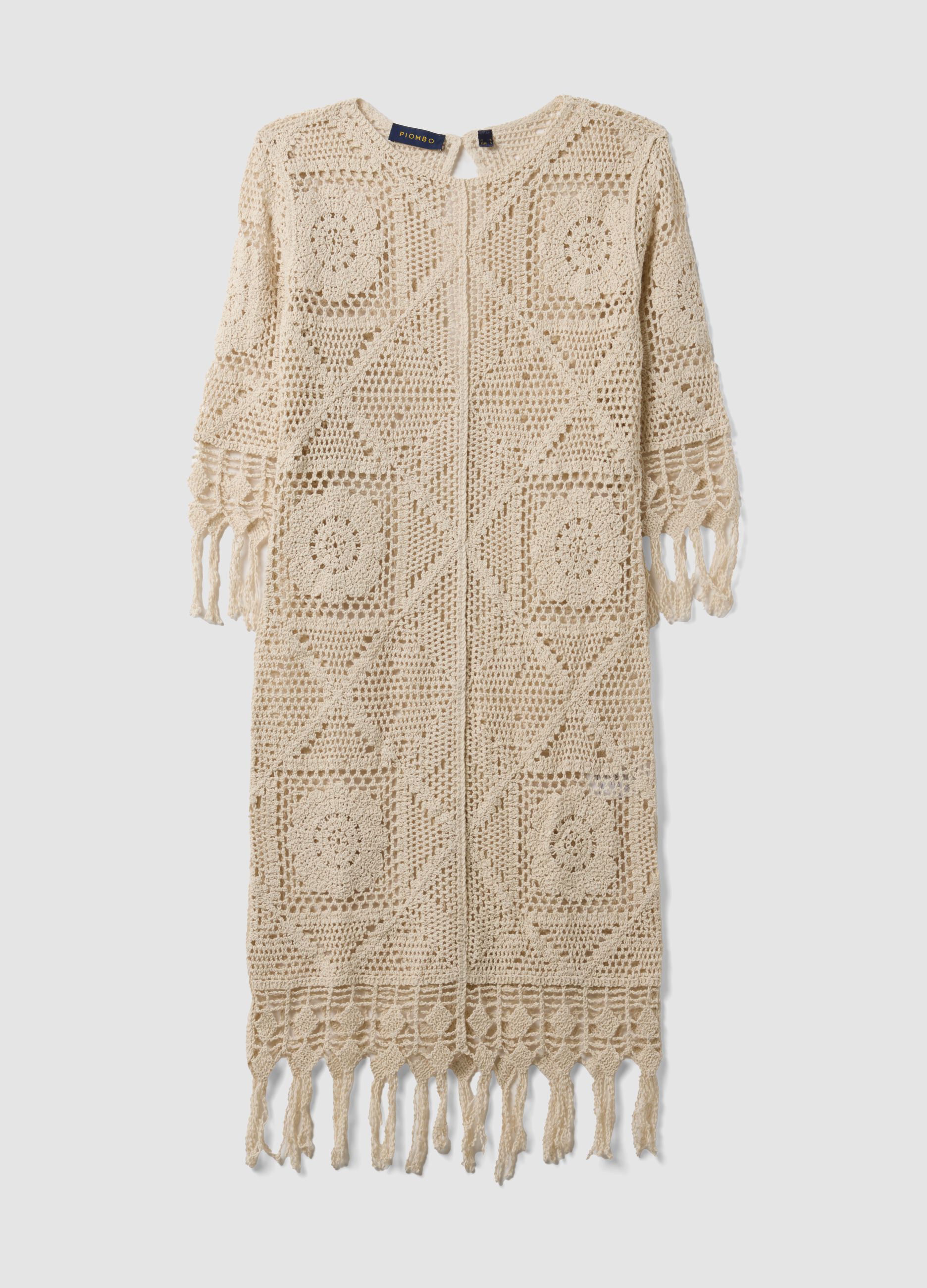 Beige crochet dress in cotton-viscose blend, regular fit