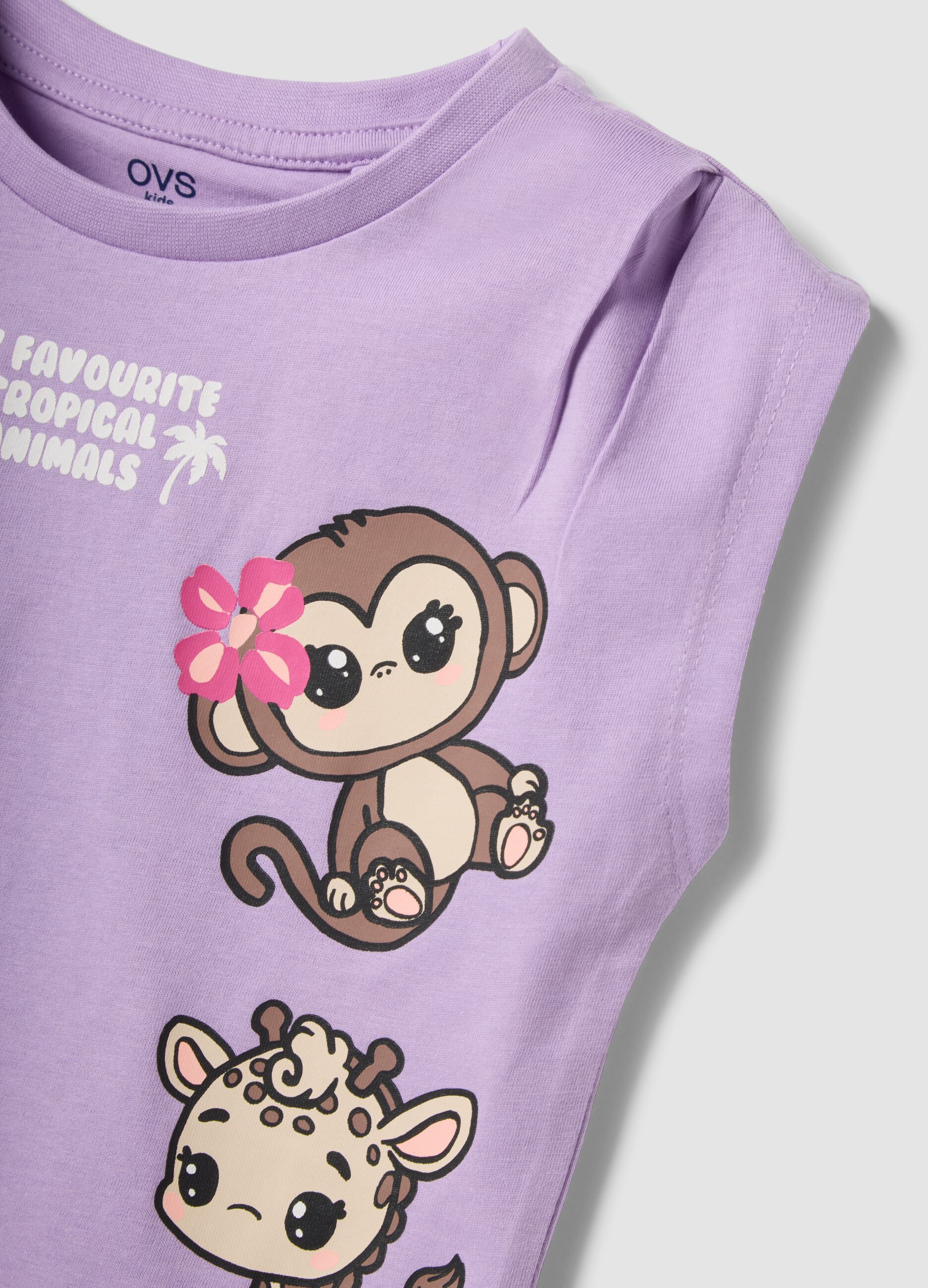 Purple pure cotton tank top with tropical print
