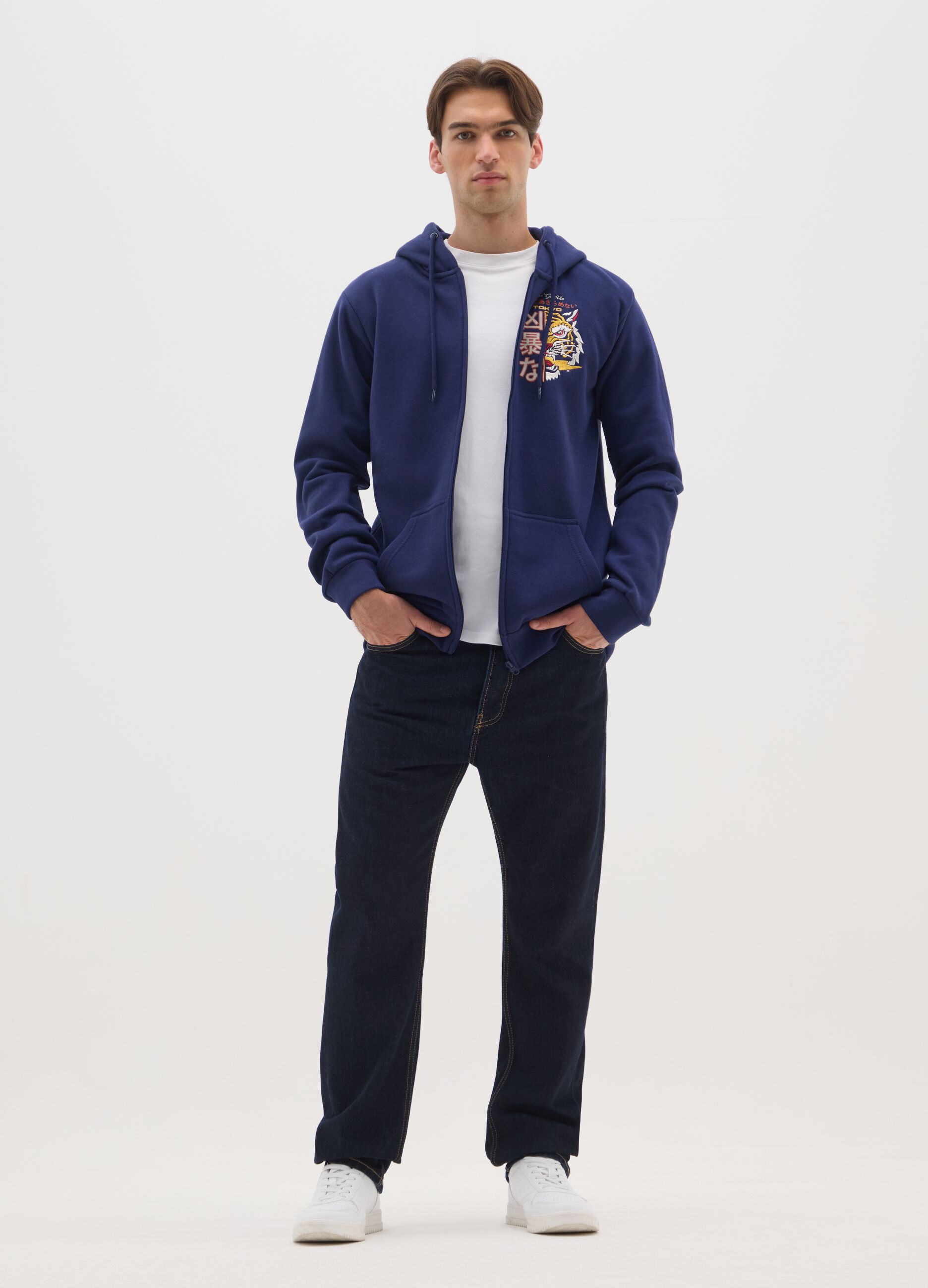 Blue cotton-blend hoodie with zip