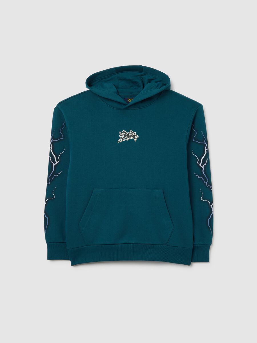 Boy's oversized blue hoodie in pure cotton with prints_0
